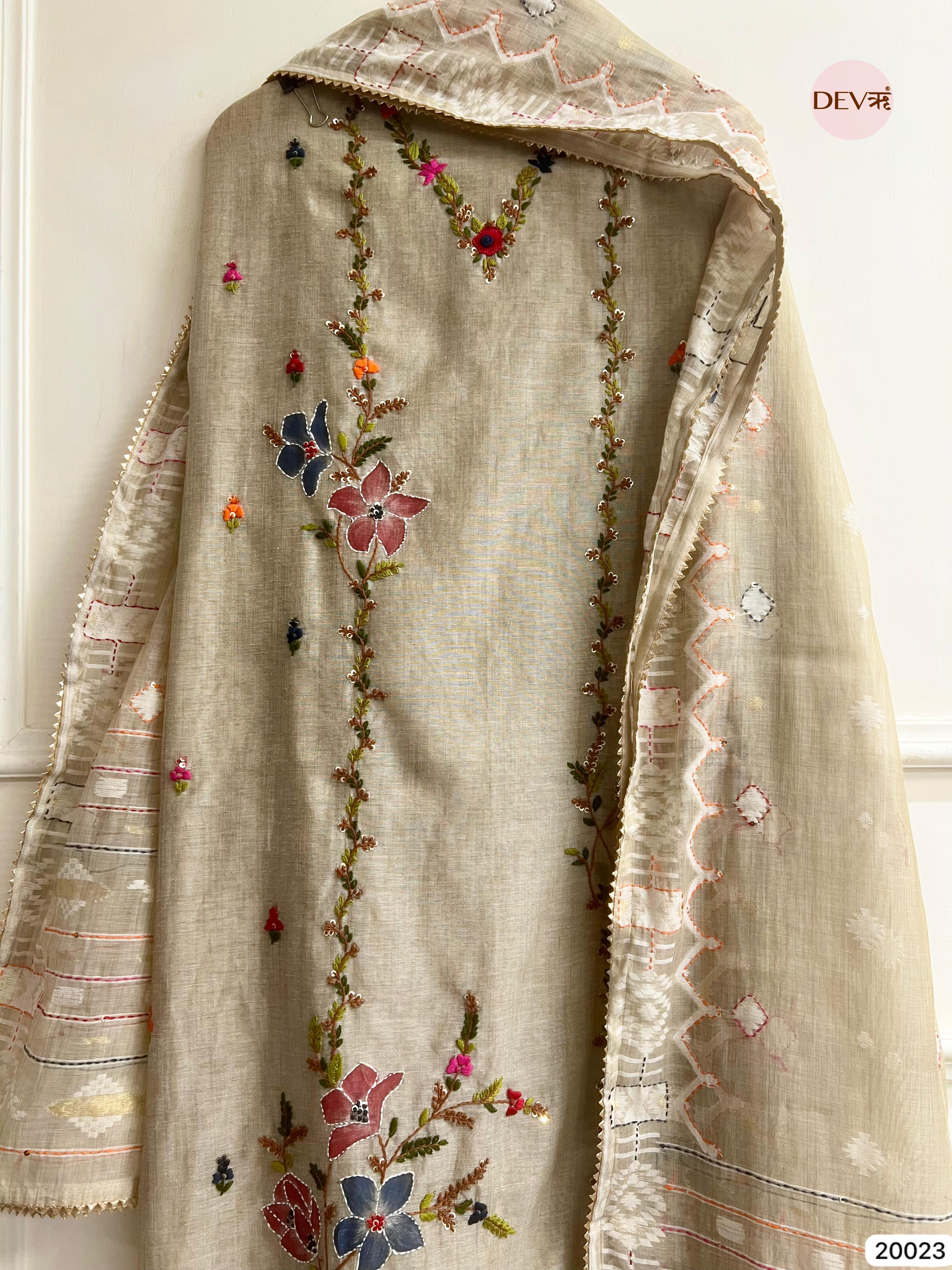 Beige Mul Chanderi Embroidered Unstitched 3-Piece Suit (Devri – D.No . 20023)