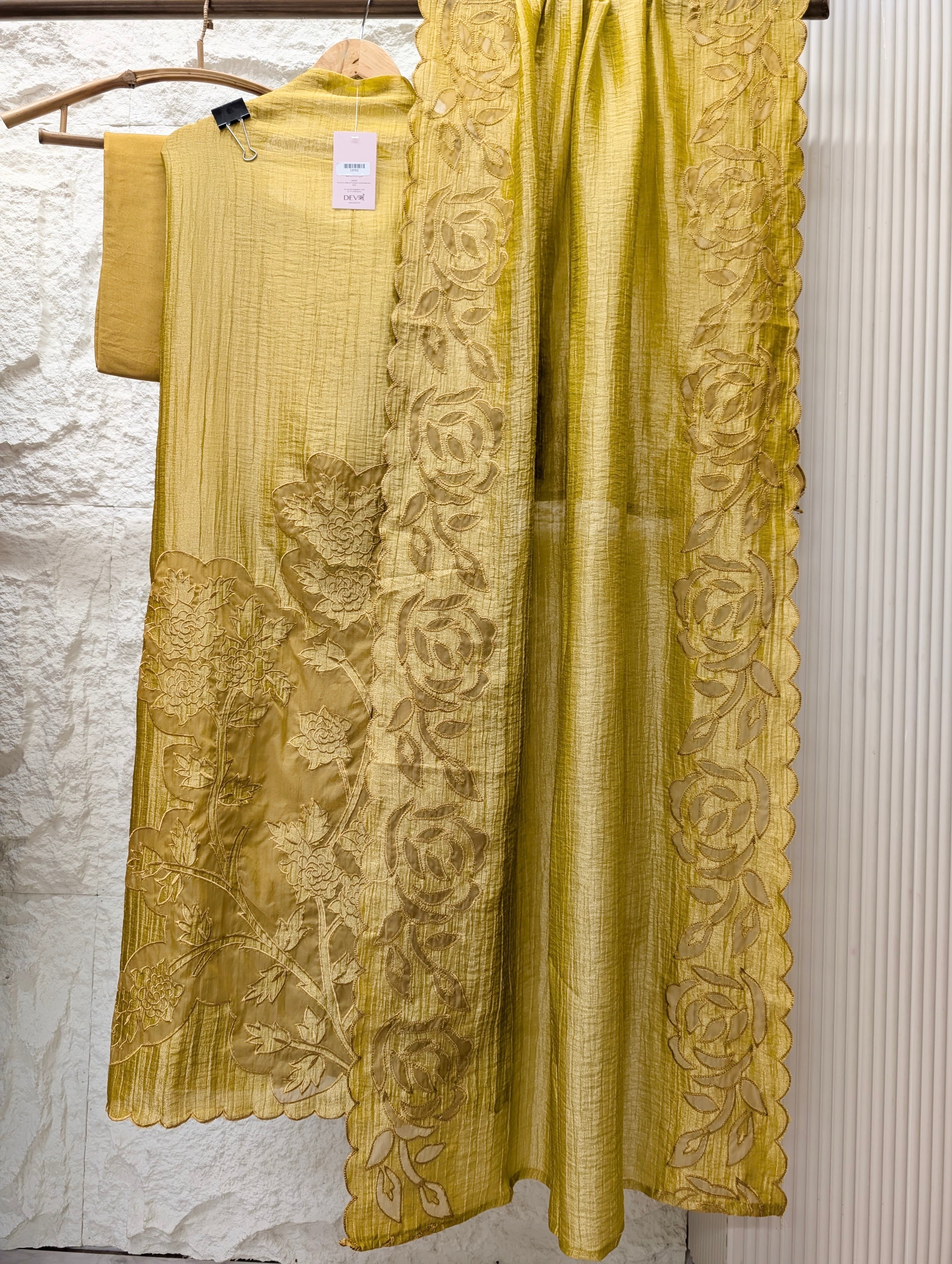 Mustard Tissue Crush Silk Embroidered Unstitched 3-Piece Suit (Devri – D.No 13743)