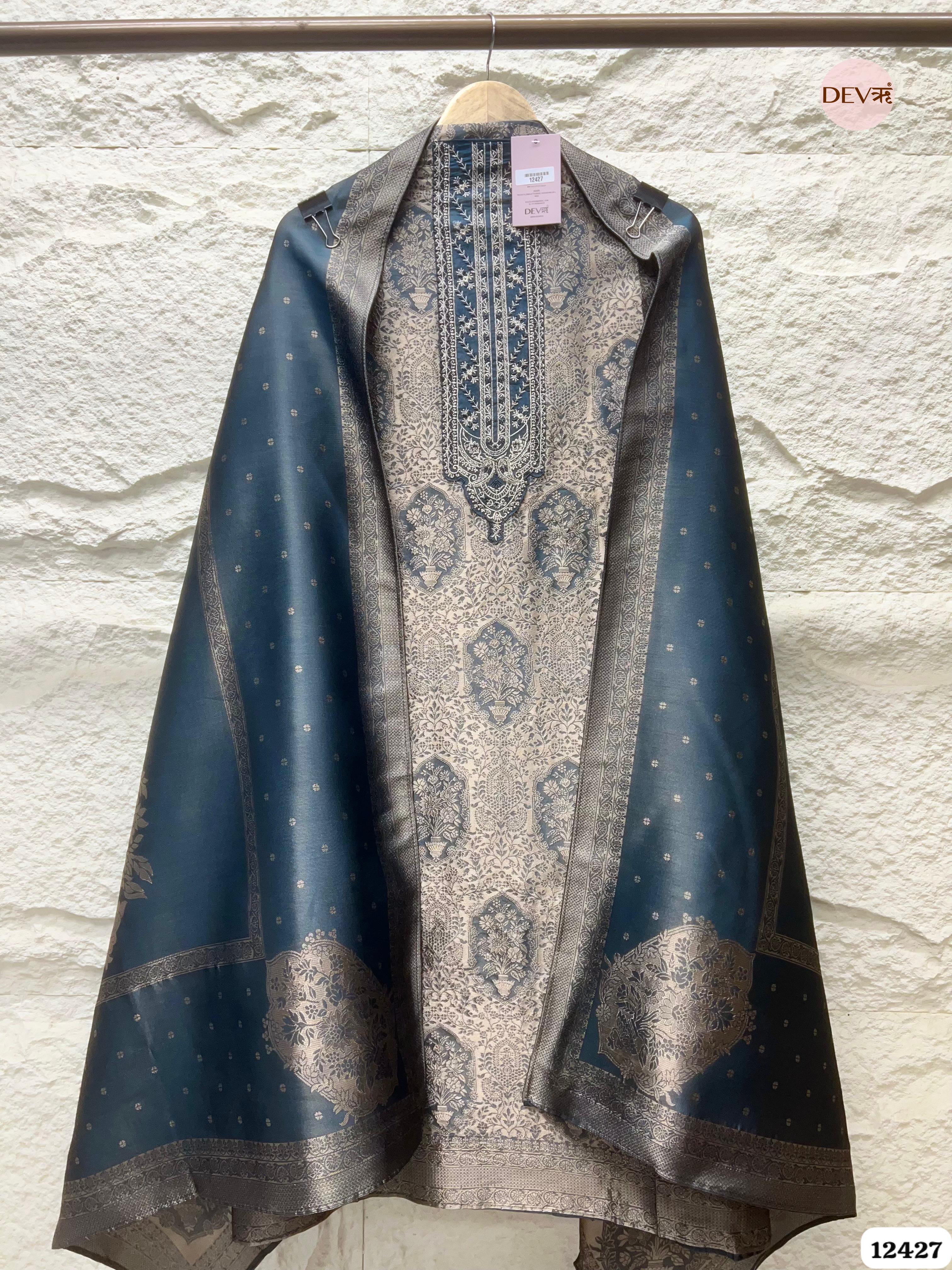 Slate Grey Banarasi Silk Printed Unstitched 3-Piece Suit (Devri – D.No. 12427)