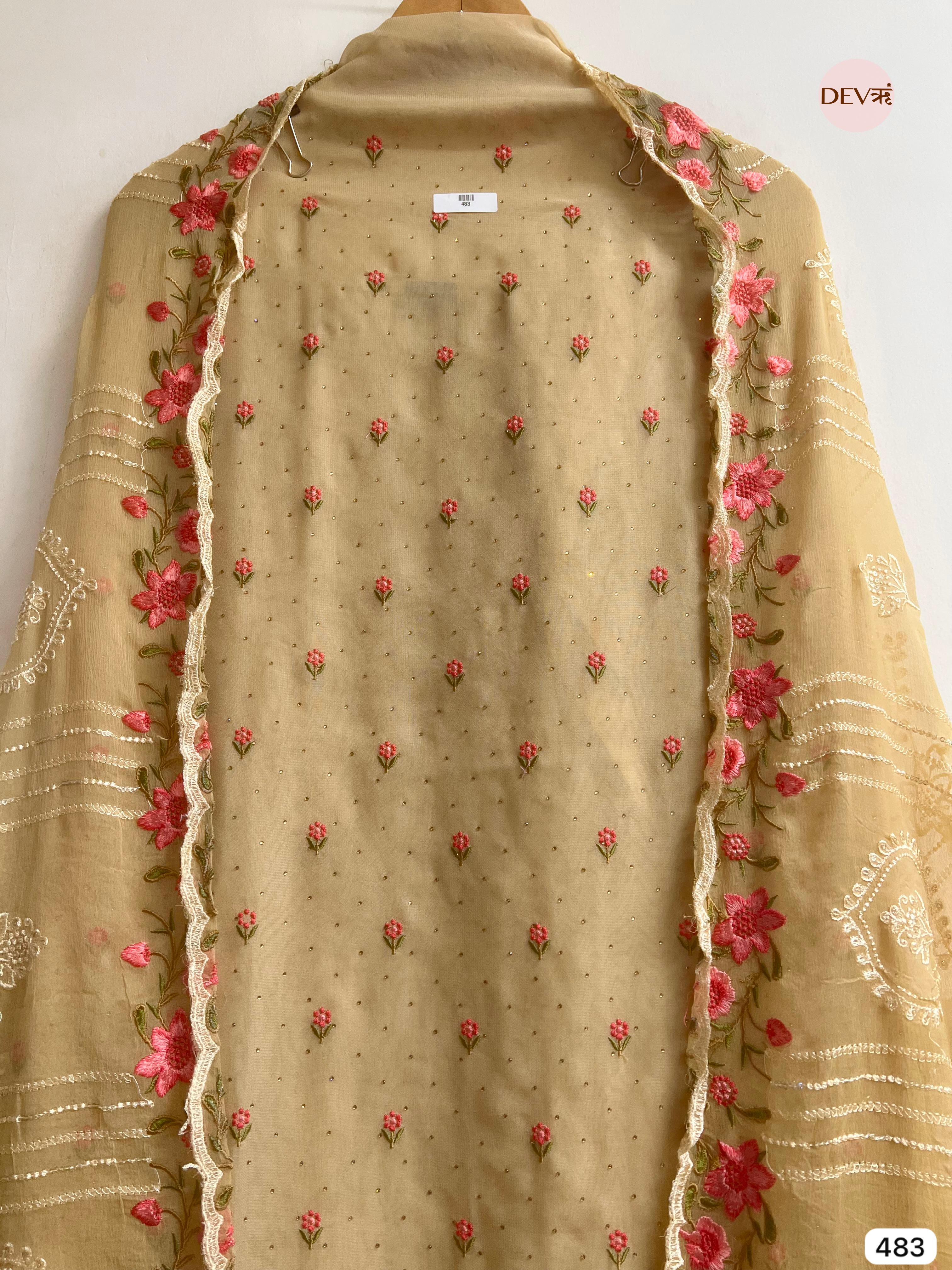 Beige Organza Embroidered Unstitched 3-Piece Suit (Devri – D.No 483)