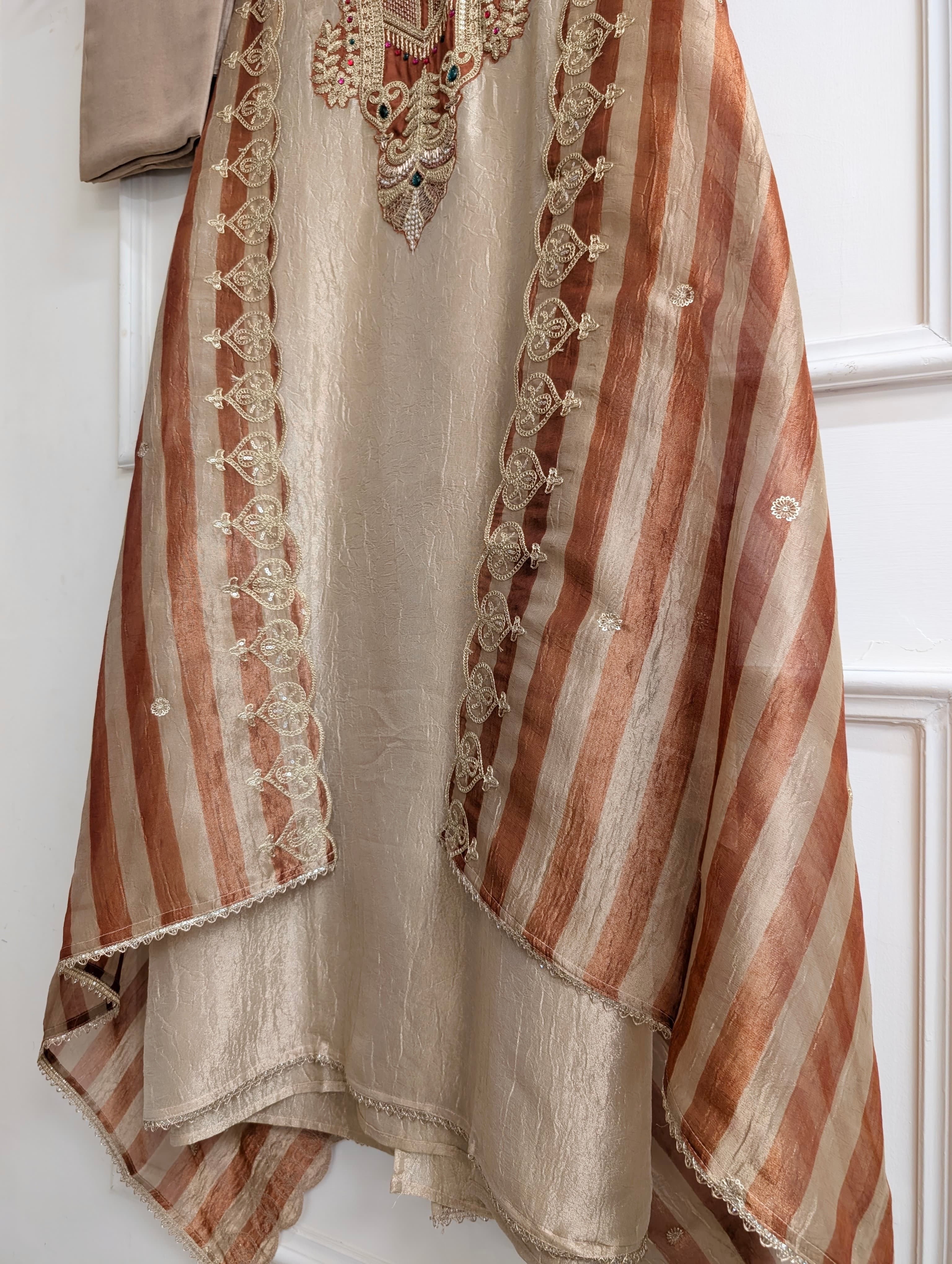 Beige Pure Tissue Silk Embroidered Unstitched 3-Piece Suit (Devri – D.No 13705)