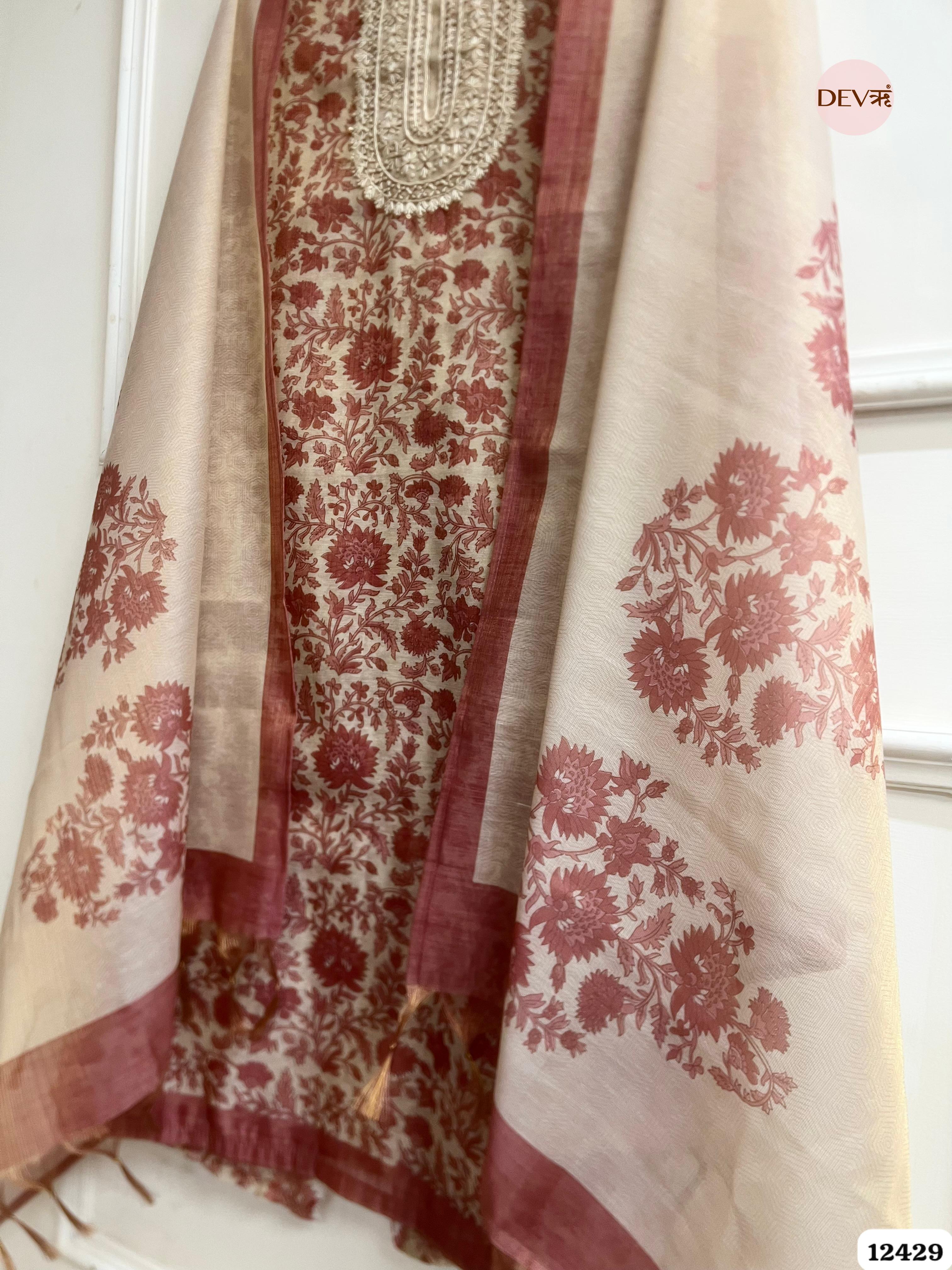 Ivory Rust Pure Linen Tissue Printed Unstitched 3-Piece Suit (Devri – D.No. 12429)
