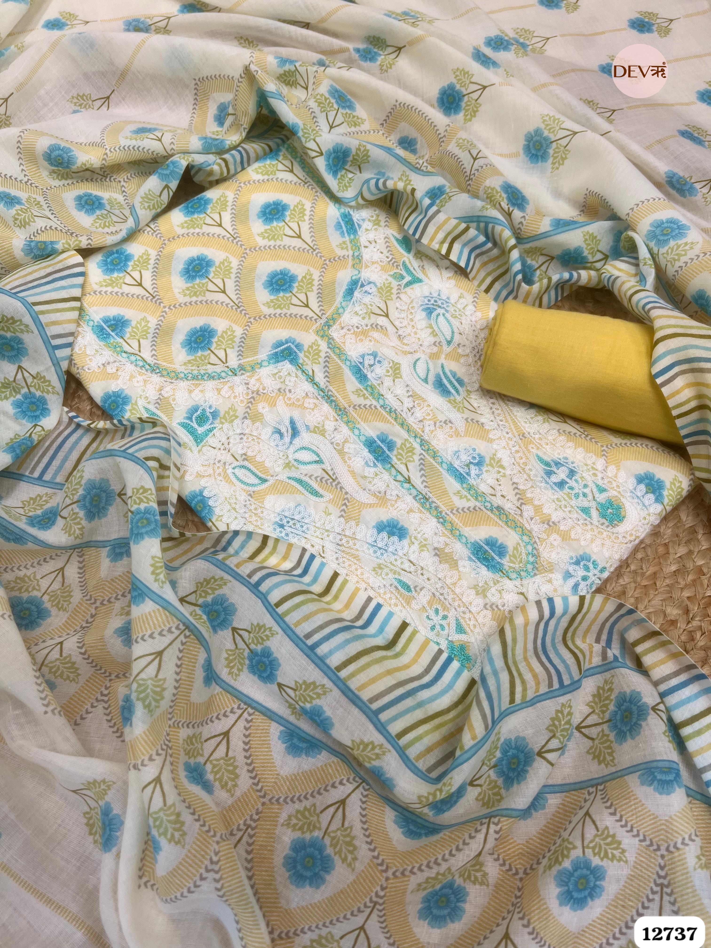Yellow Cotton Embroidered Unstitched 3-Piece Suit (Devri – D.No 12737)