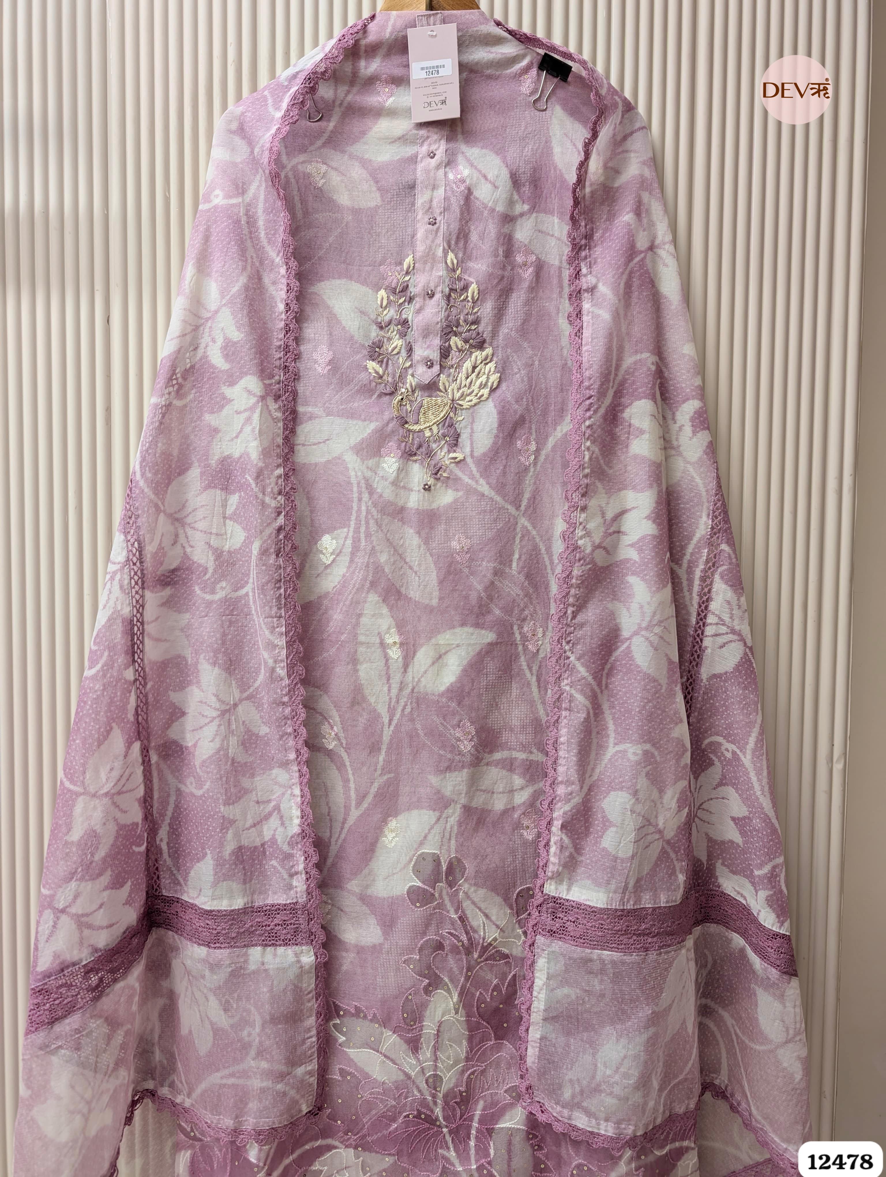 Title: Mauve Mul Chanderi Embroidered Unstitched 3-Piece Suit (Devri – D.No 12478)
