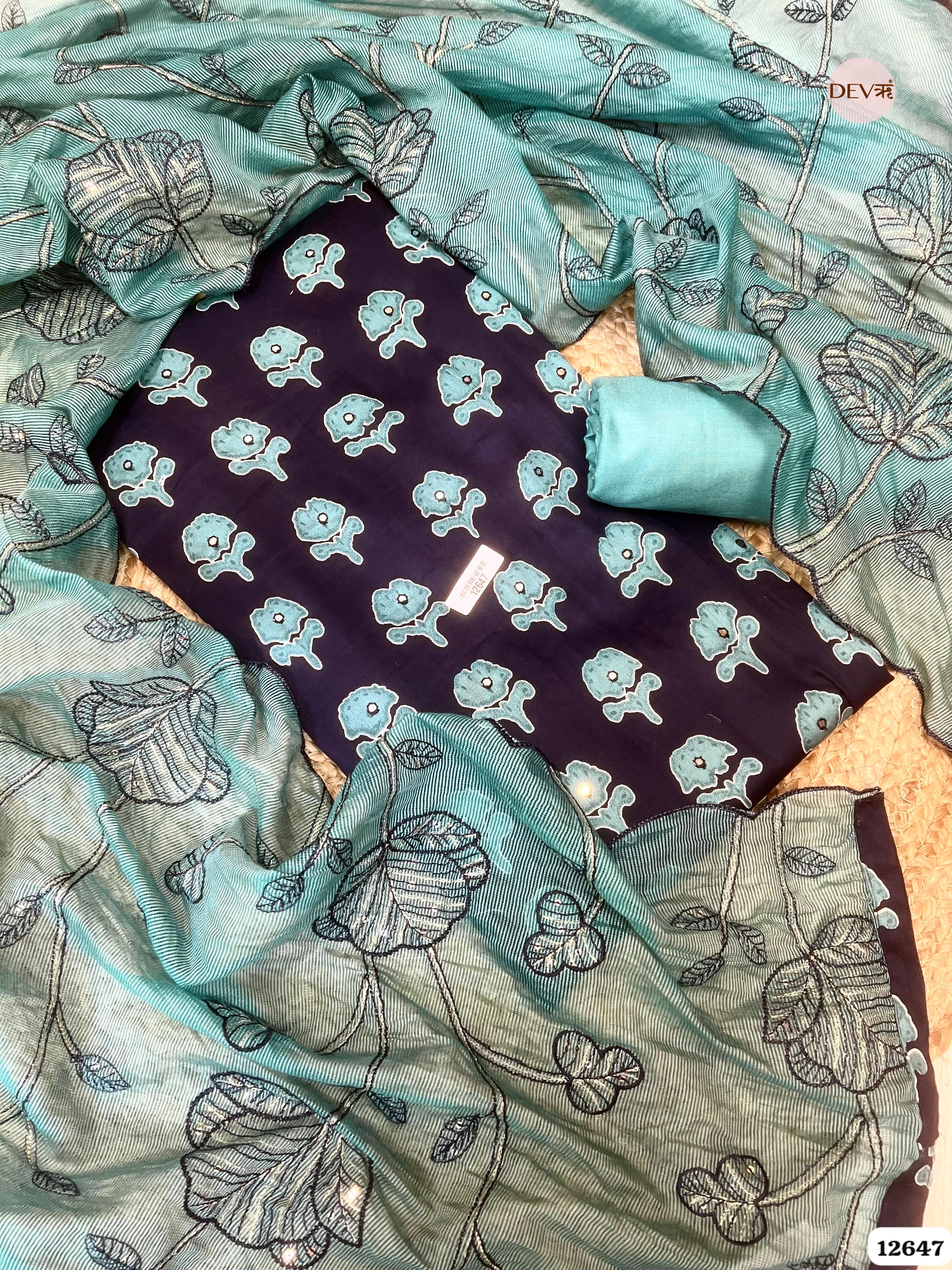 Navy Blue Cotton Printed Unstitched 3-Piece Suit (Devri – D.No 12647)