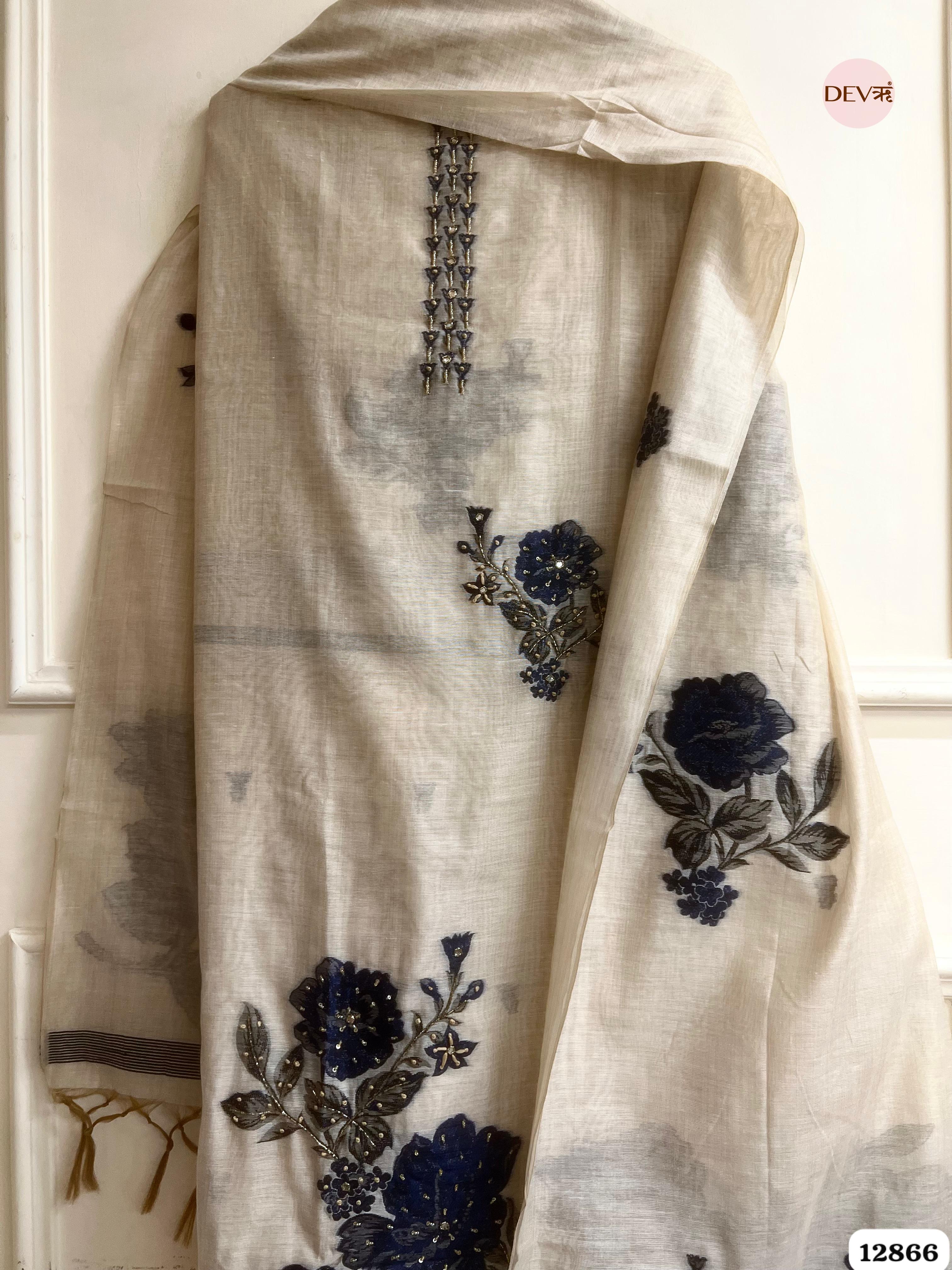 Ivory Mul Chanderi Embroidered Unstitched 3-Piece Suit (Devri – D.No 12866)