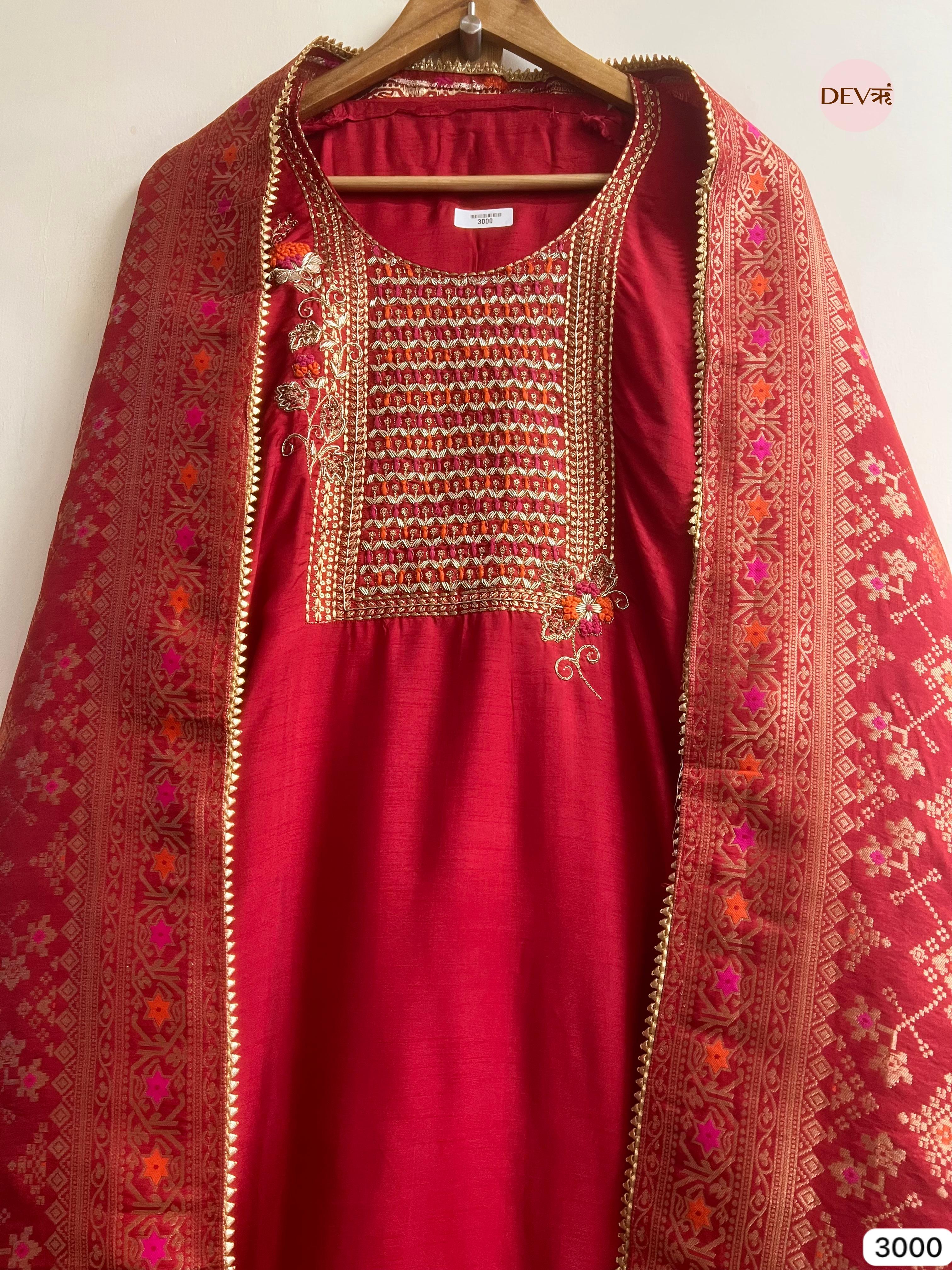 Red Russian Silk Embroidered Unstitched 3-Piece Suit (Devri – D.No 3000)