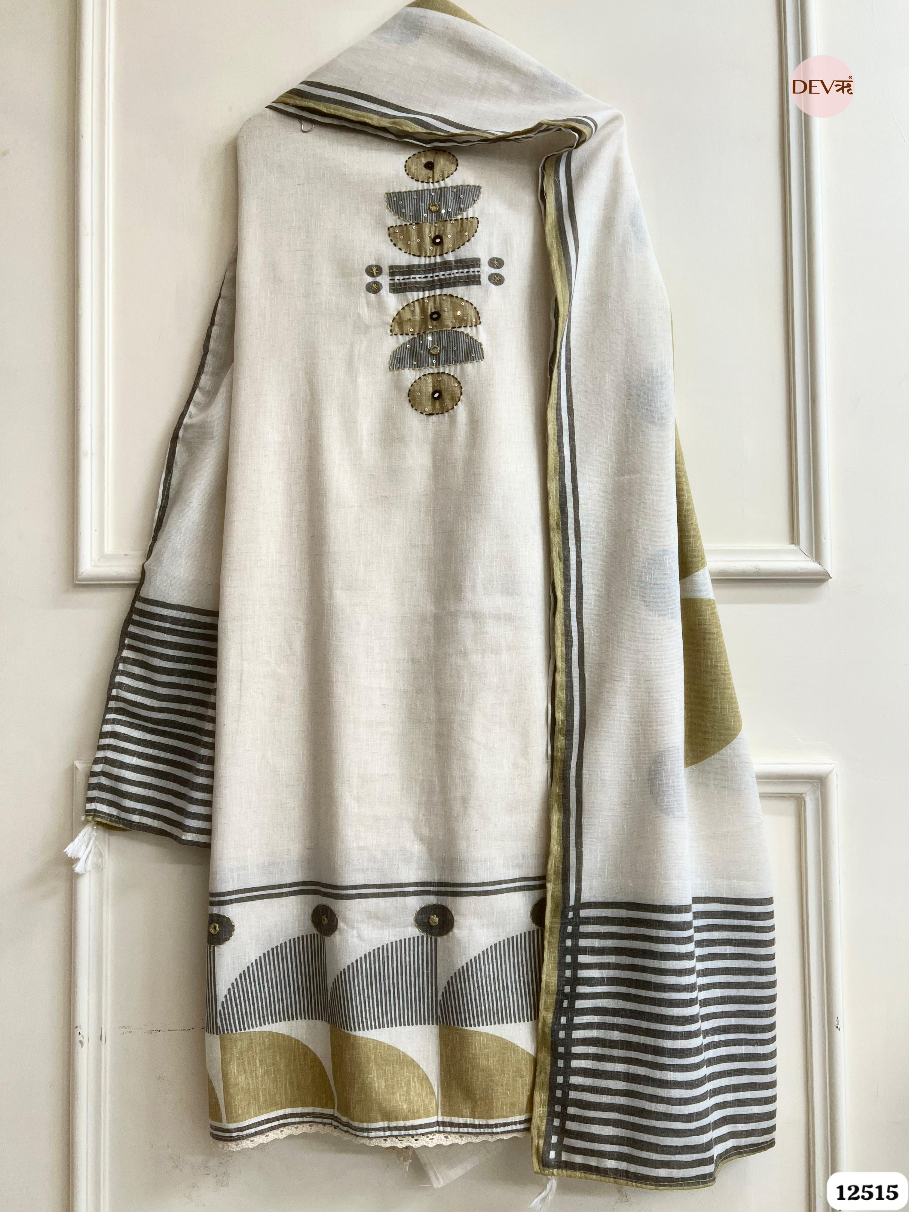 Ivory & Olive Linen Cotton Printed Unstitched 3-Piece Suit (Devri – D.No 12515)