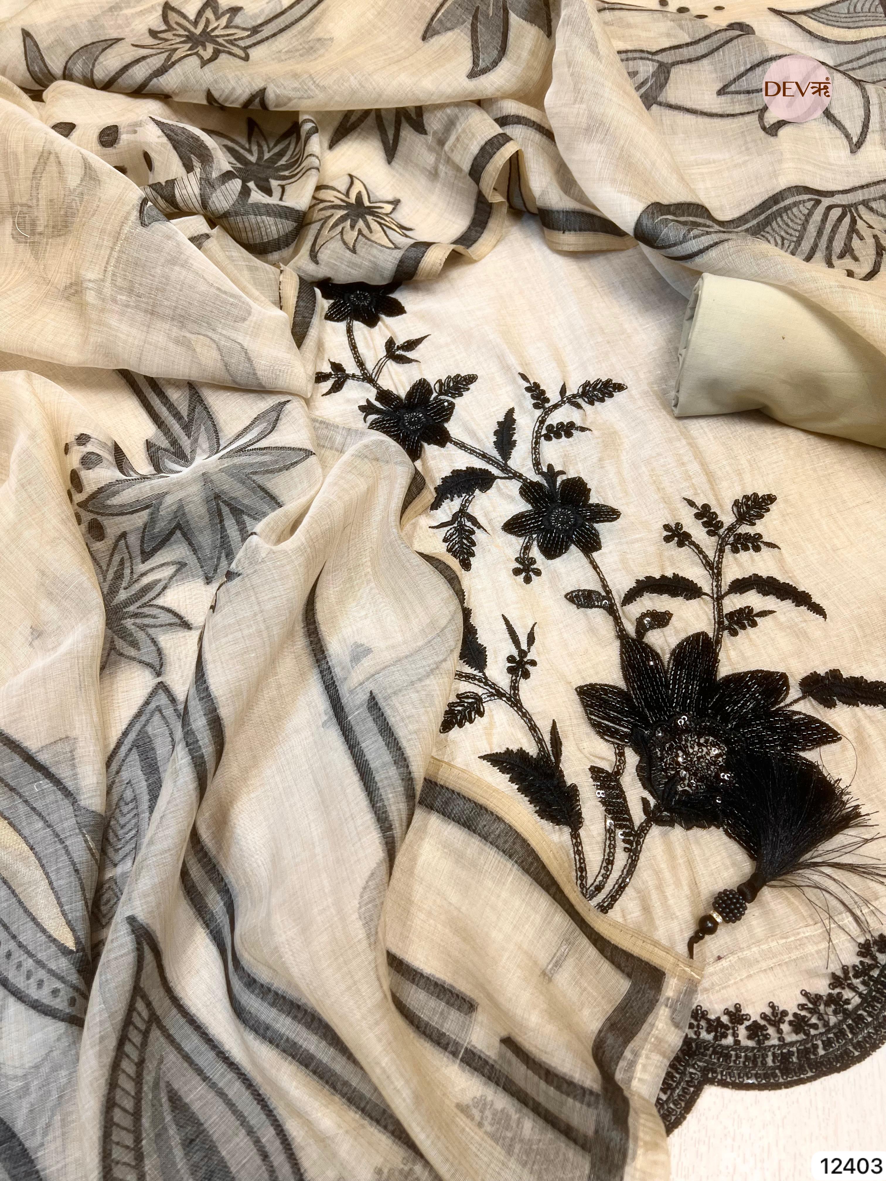 Beige Mul Chanderi Embroidered Unstitched 3-Piece Suit (Devri – D.No 12403)