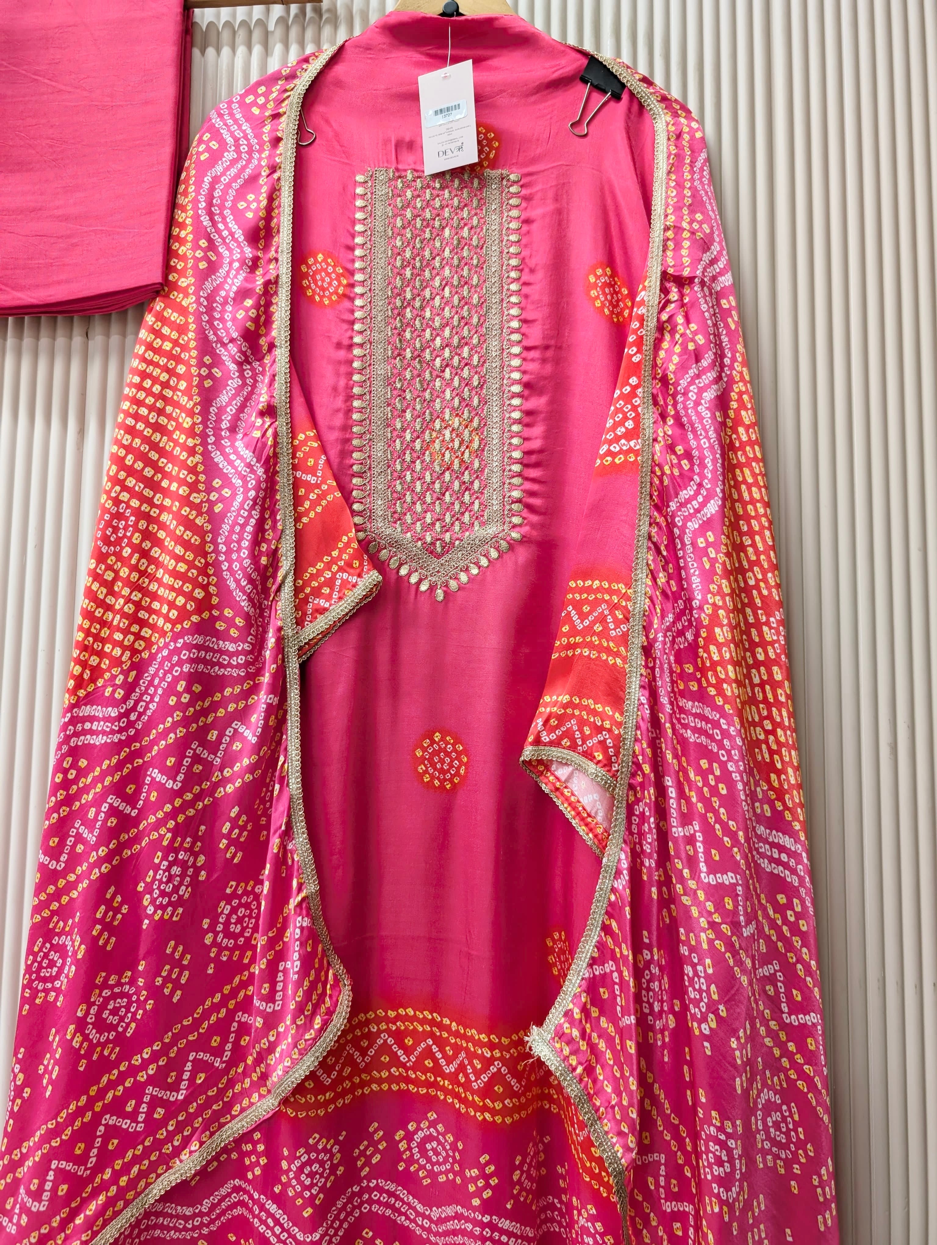 Pink Gajji Silk Printed Unstitched 3-Piece Suit (Devri – D.No 13727)