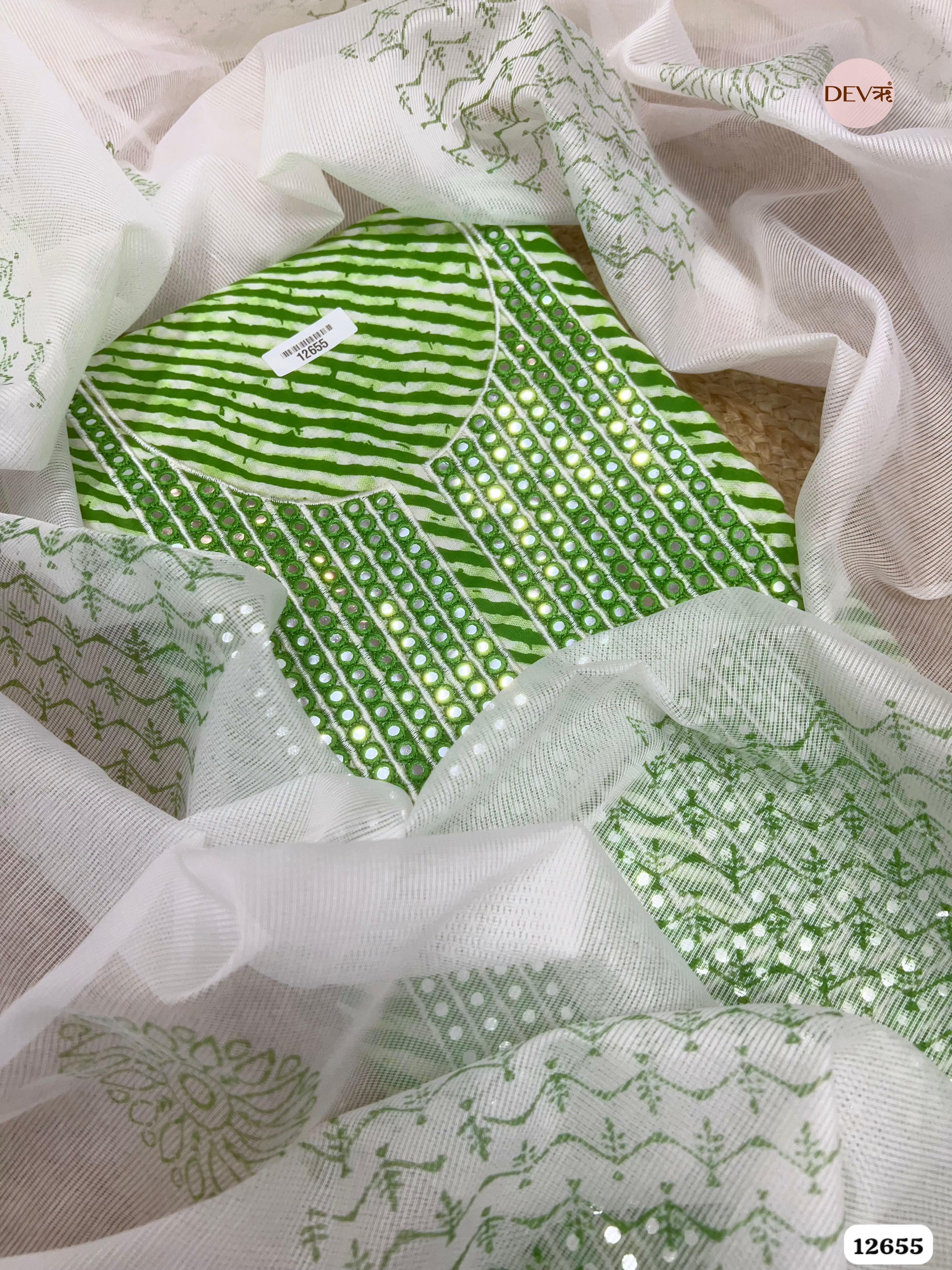 Green Cotton Leheriya Printed & Embroidered 3-Piece Suit