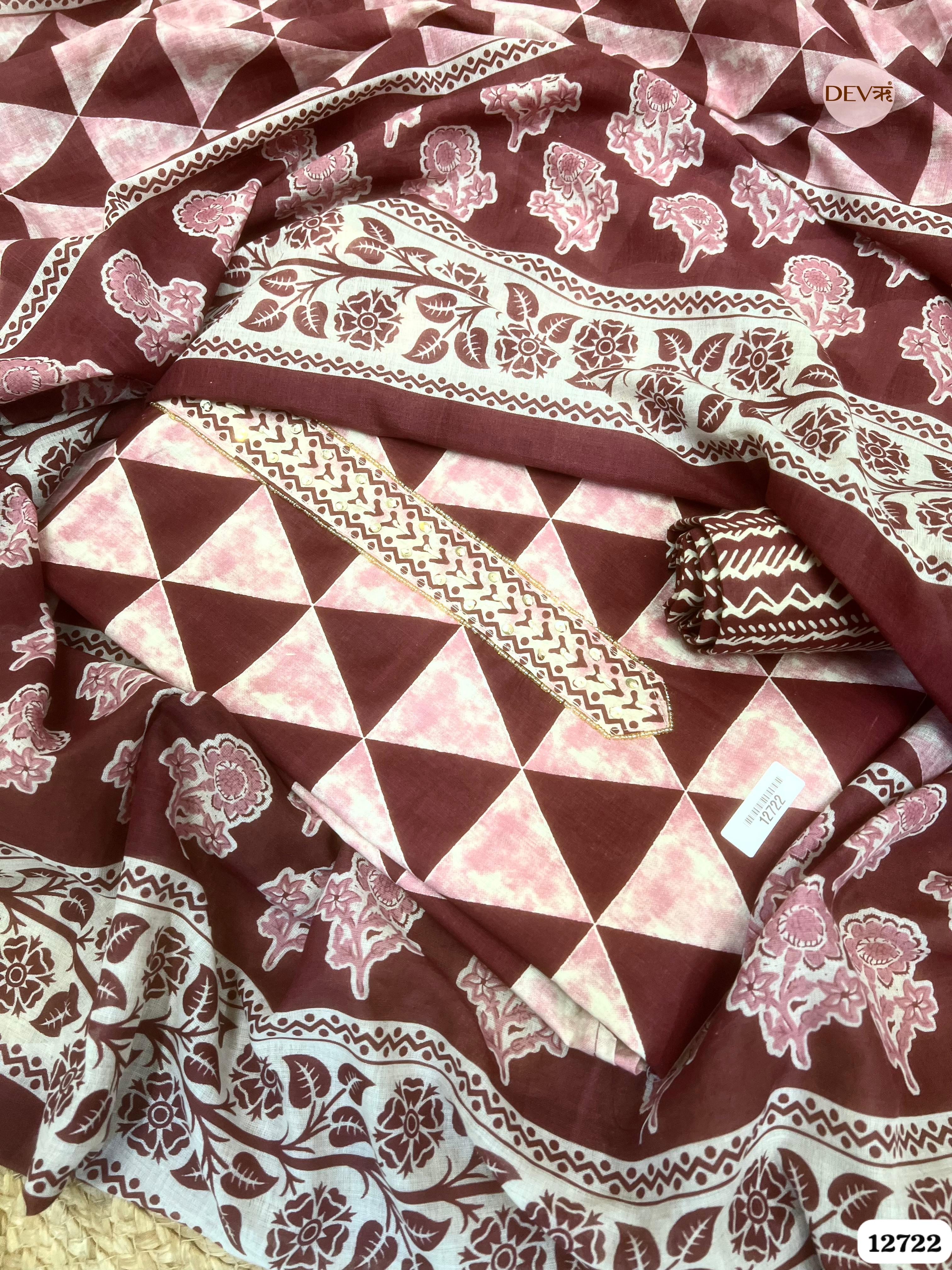 Mauve Cotton Printed Unstitched 3-Piece Suit (Devri – D.No 12722)