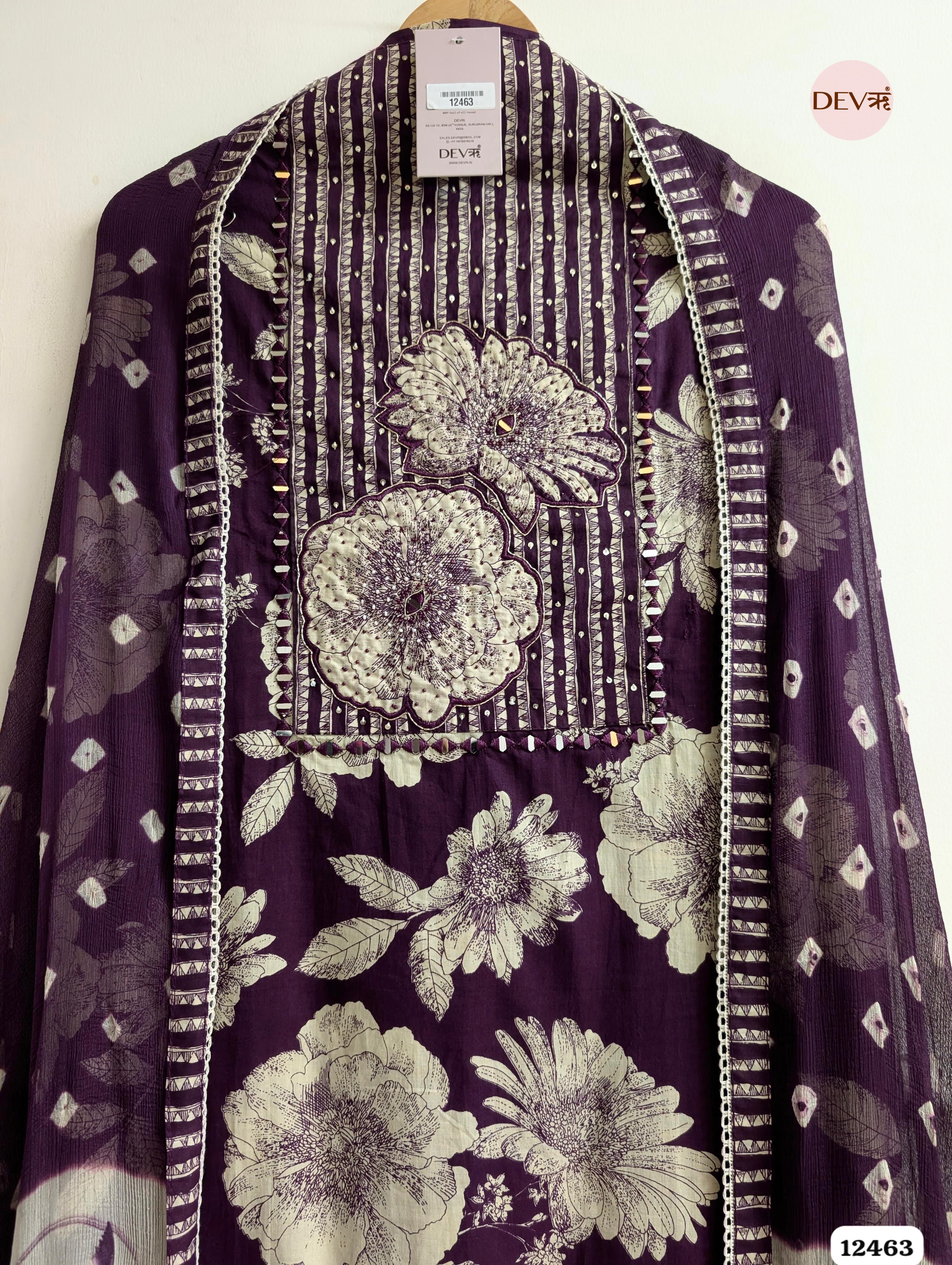 Plum Cotton Printed Unstitched 3-Piece Suit (Devri – D.No. 12463)