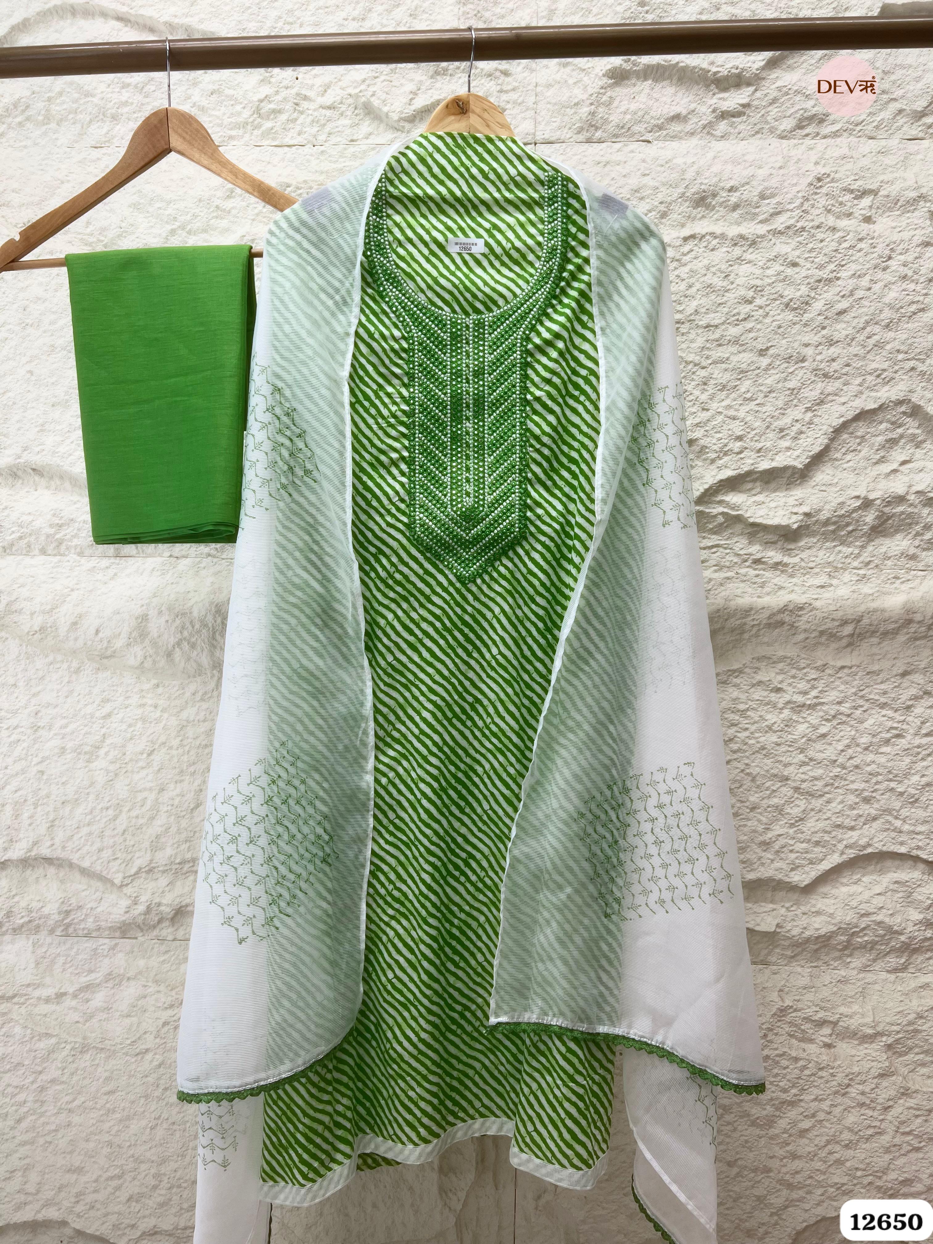 Green Cotton Printed & Embroidered Unstitched 3-Piece Suit (Devri – D.No. 12650)