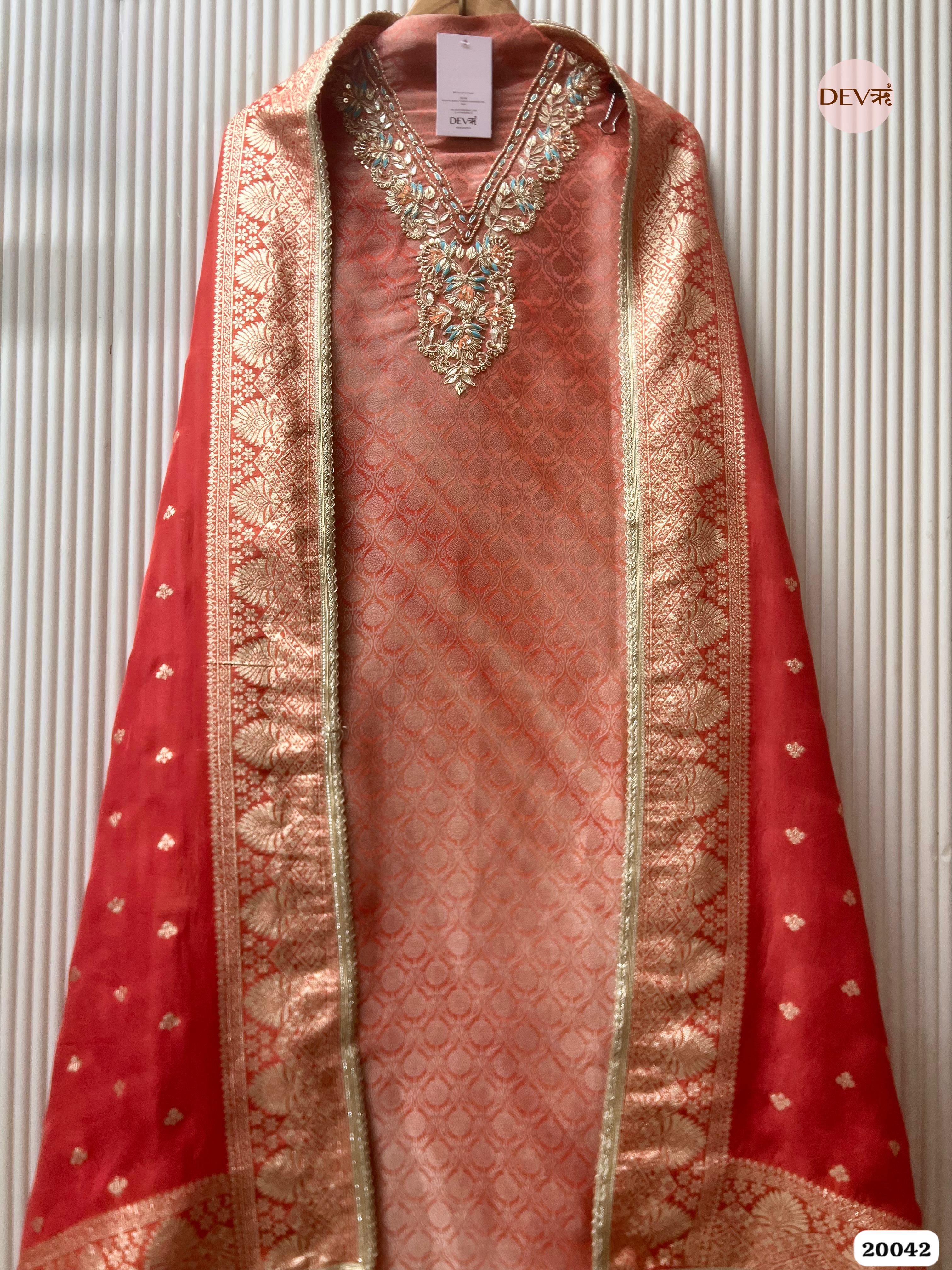 Coral Rose Banarasi Tissue Embroidered Unstitched 3-Piece Suit (Devri – D.No. 20042 )