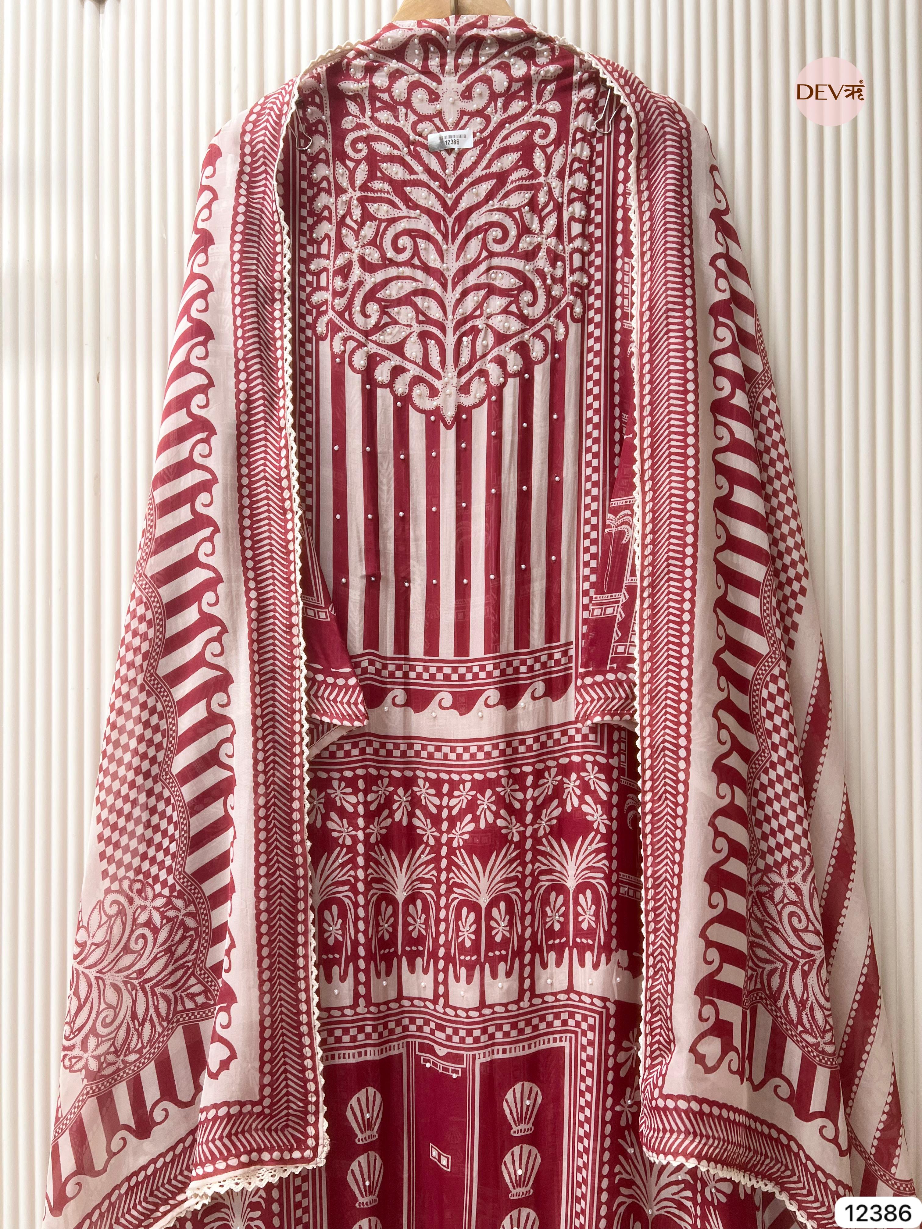 Maroon and White Organza Printed Unstitched 3-Piece Suit (Devri – D.No 12386)