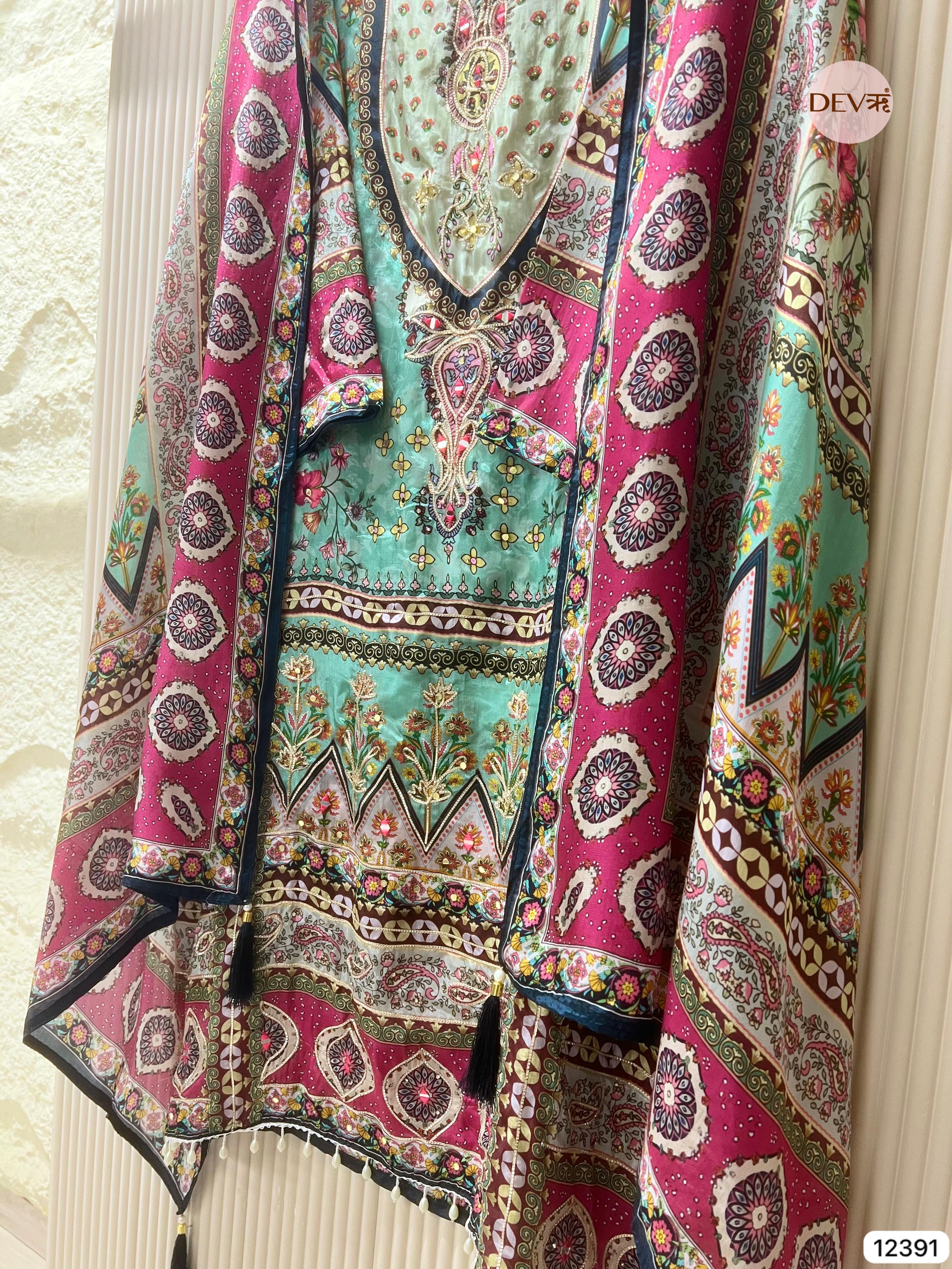 Mint Green Muslin Printed Unstitched 3-Piece Suit (Devri – D.No 12391)