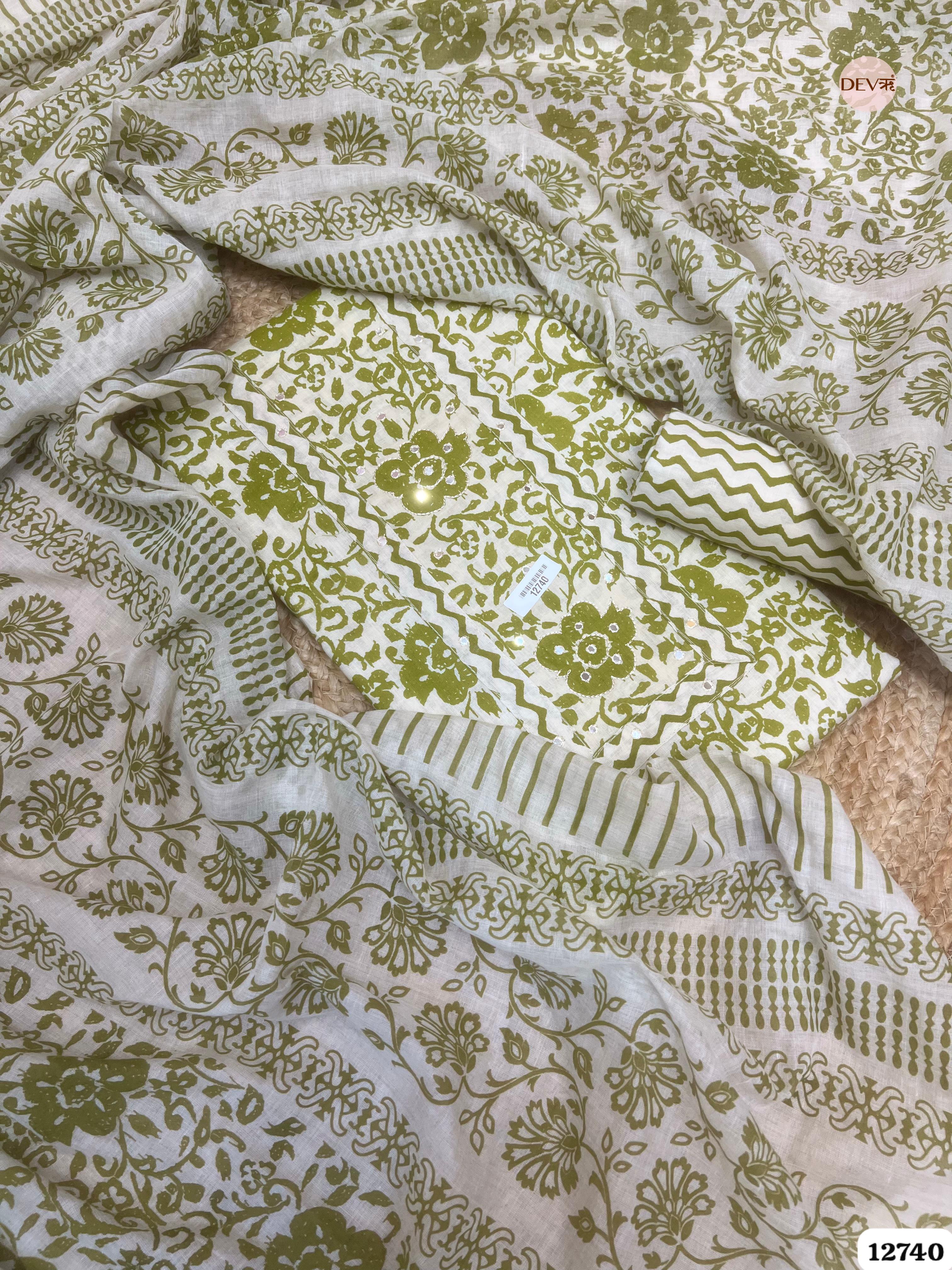 Olive Green Cotton Printed Unstitched 3-Piece Suit (Devri – D.No 12740)