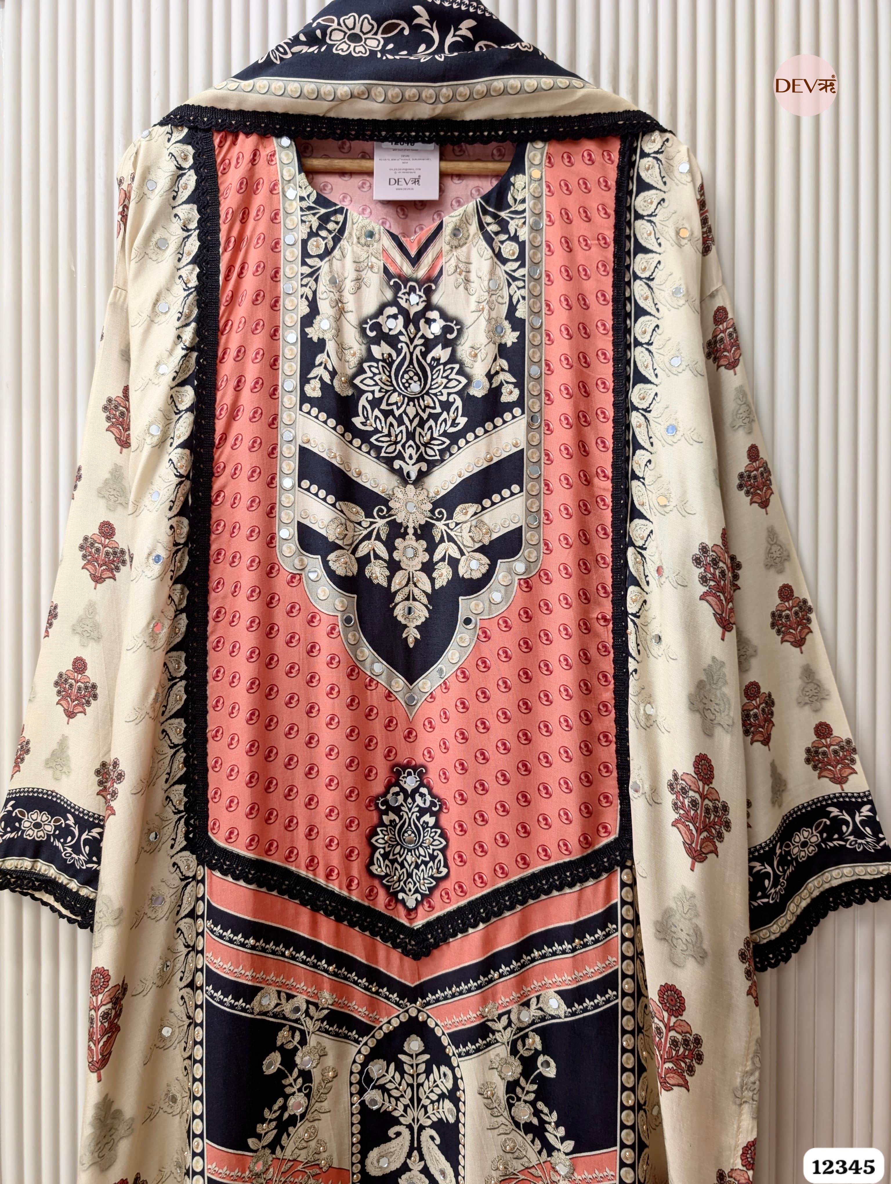 Coral & Black Muslin Printed Unstitched 3-Piece Suit (Devri – D.No. 12345)