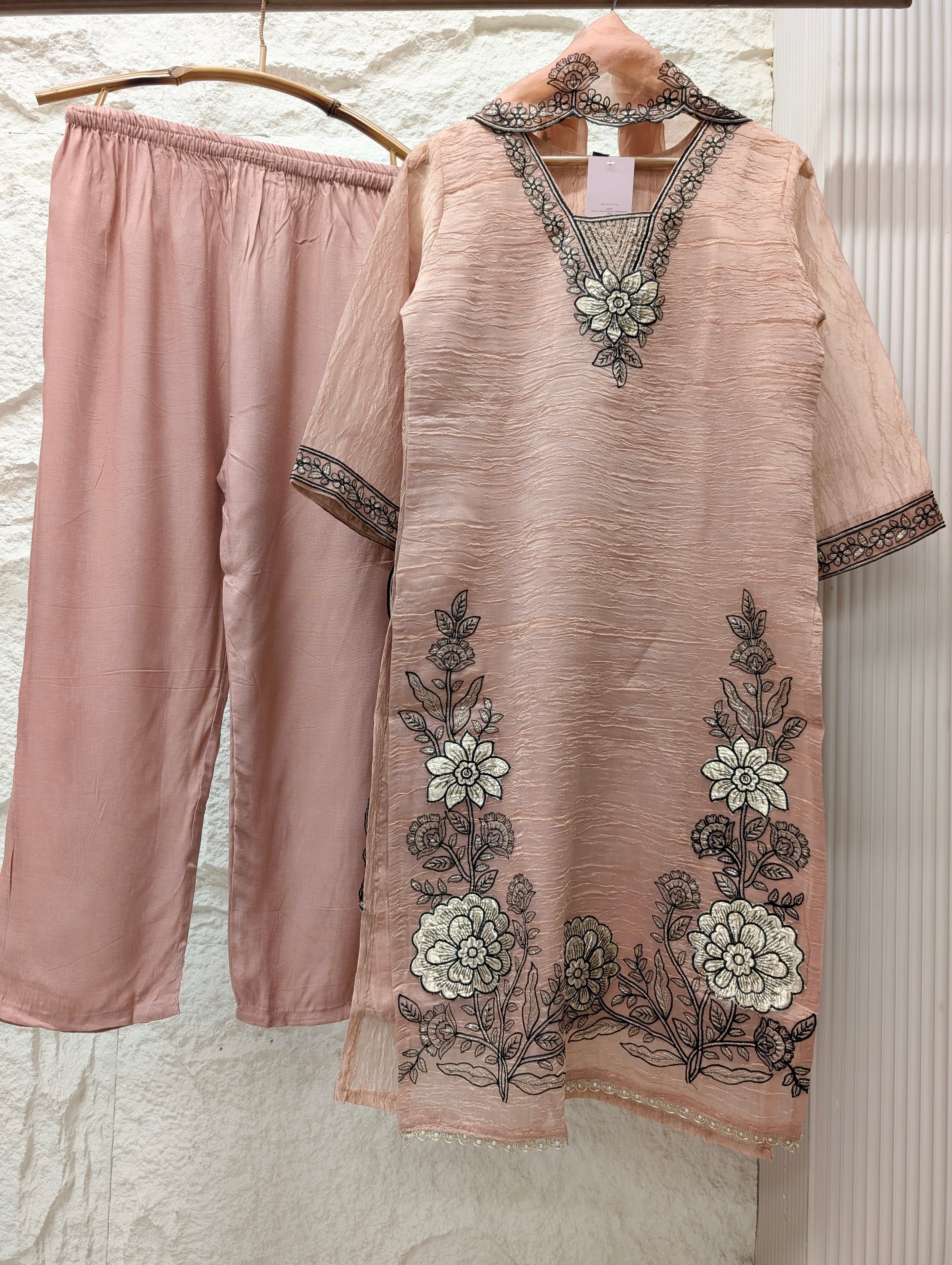 Gulnaar Tissue silk Embroidered Blush Pink 3-Piece Set (Devri – D.No 13800)
