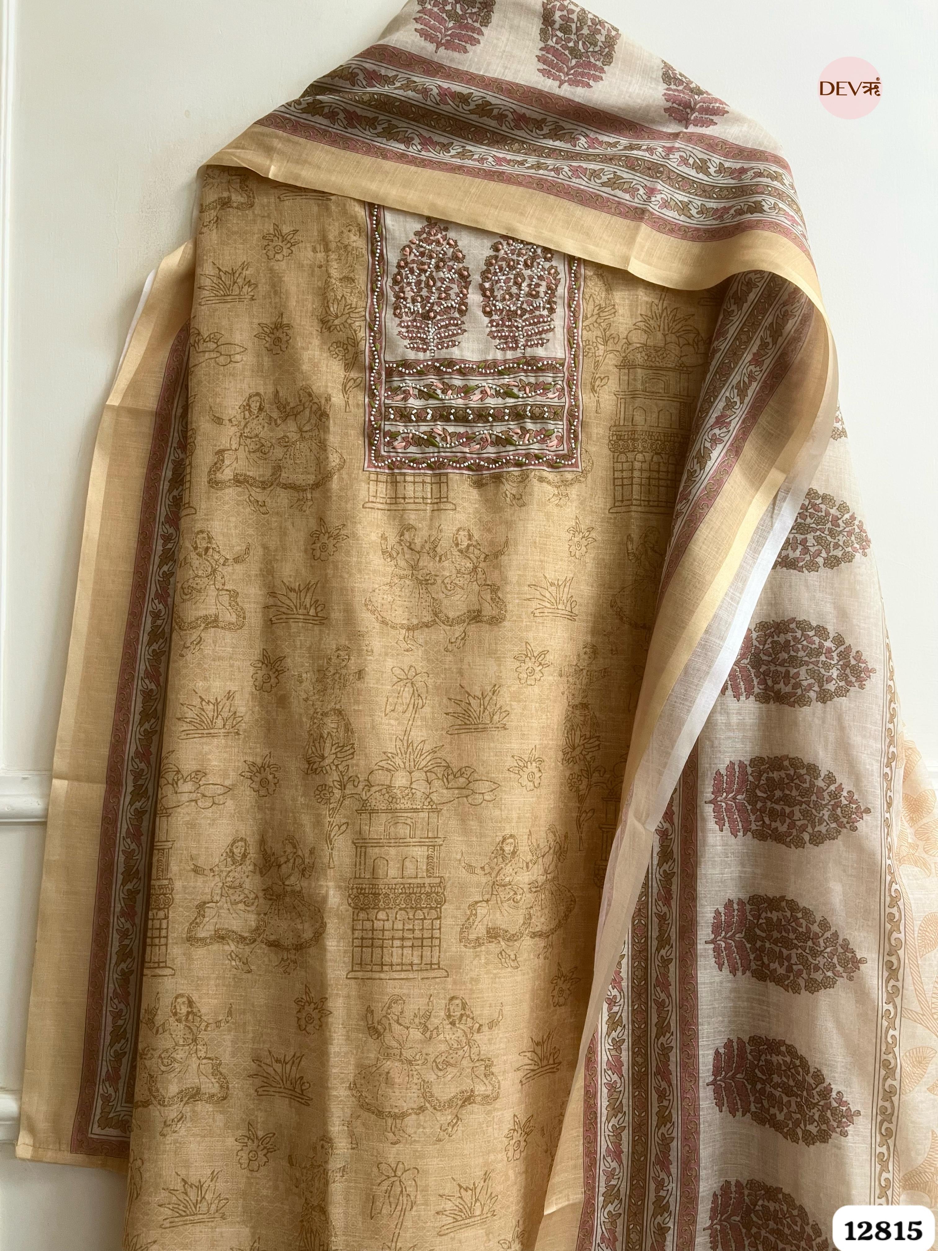 Beige Linen Cotton Printed Unstitched 3-Piece Suit (Devri – D.No 12815)