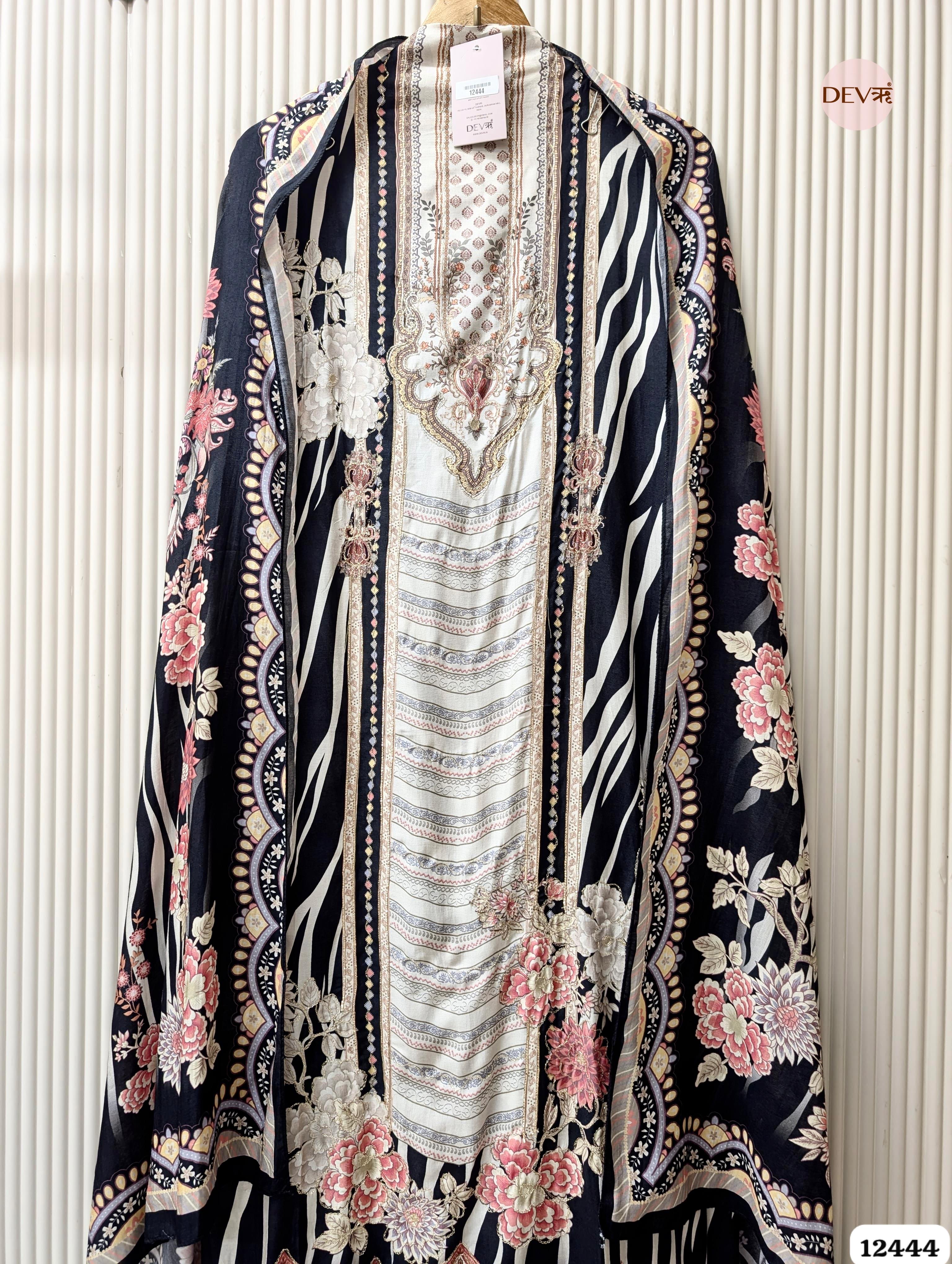 Black & Ivory Muslin Digital Printed Unstitched 3-Piece Suit (Devri – D.No 12444)
