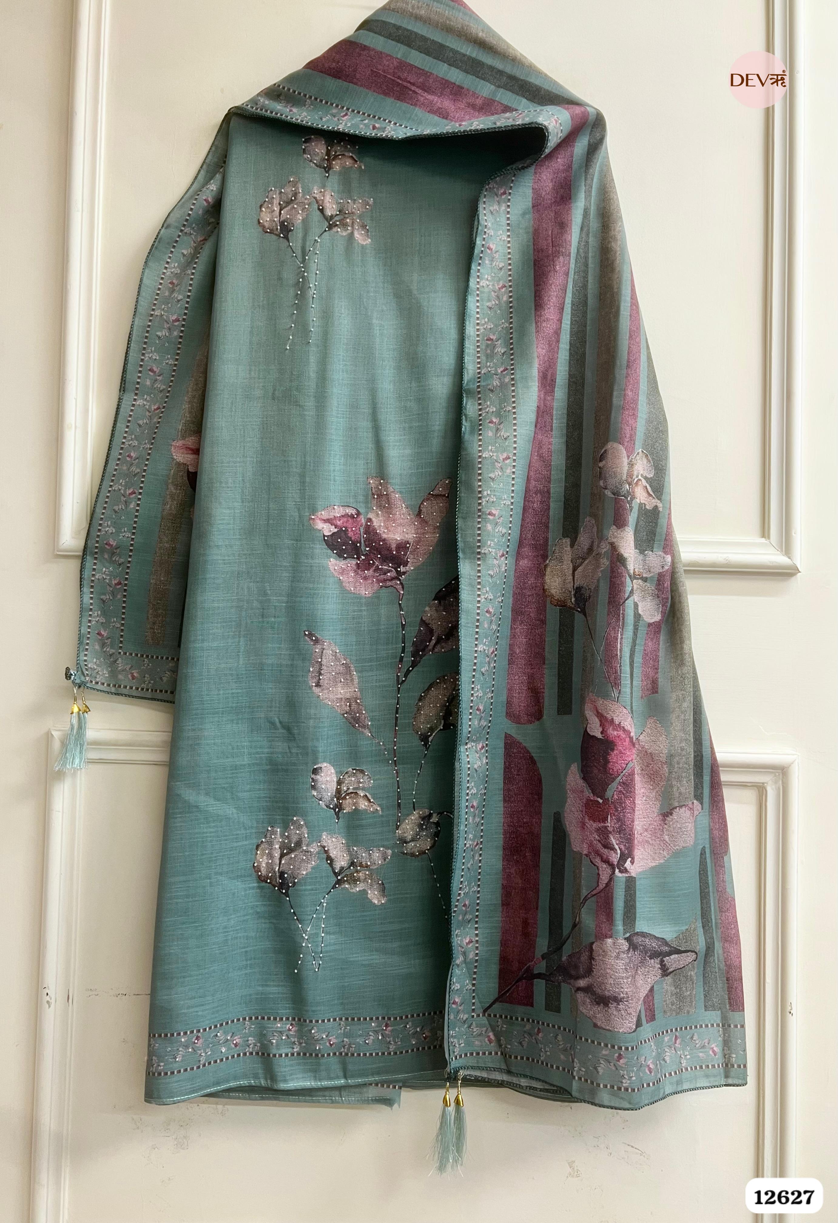 Teal Green Linen Printed Unstitched 3-Piece Suit (Devri – D.No 12627)