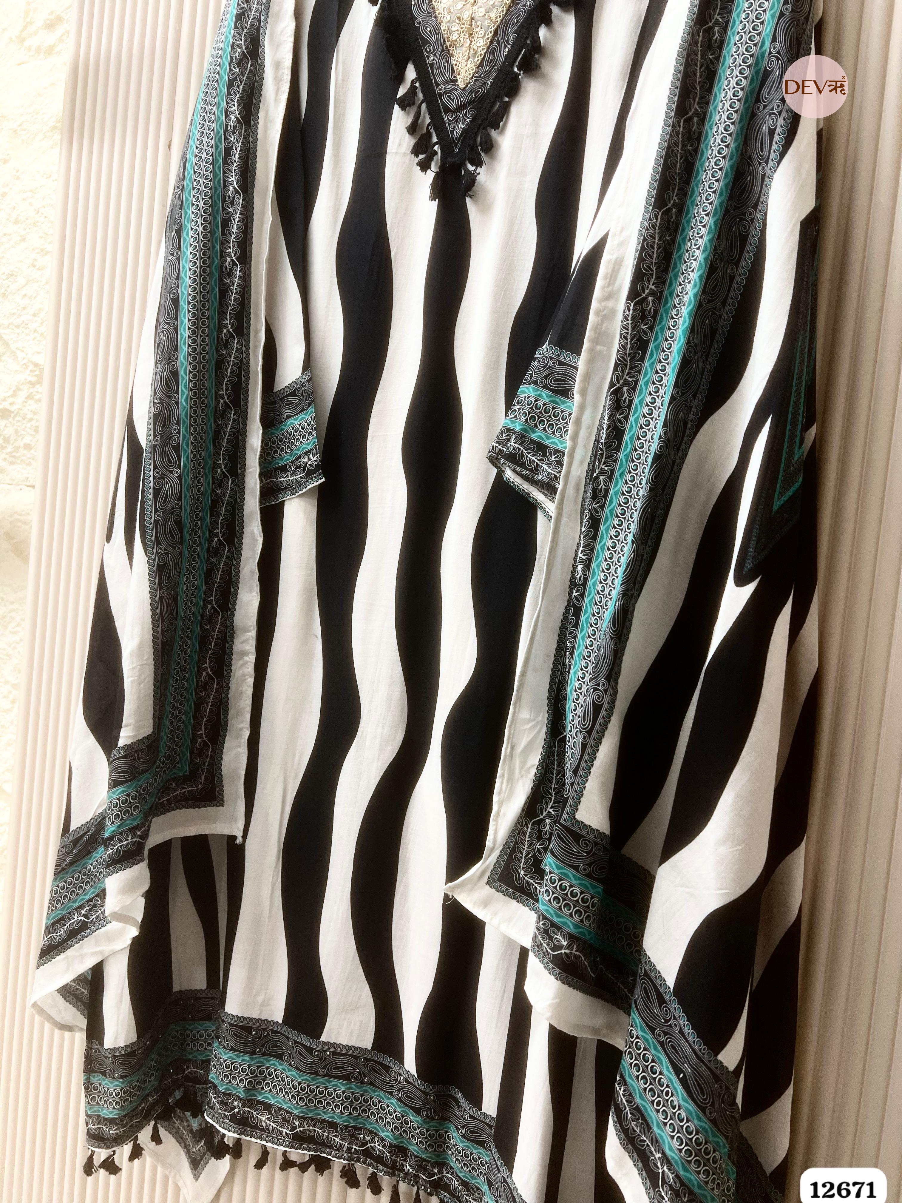 Black and White Muslin Geometric Unstitched 3-Piece Suit (Devri – D.No 12671)