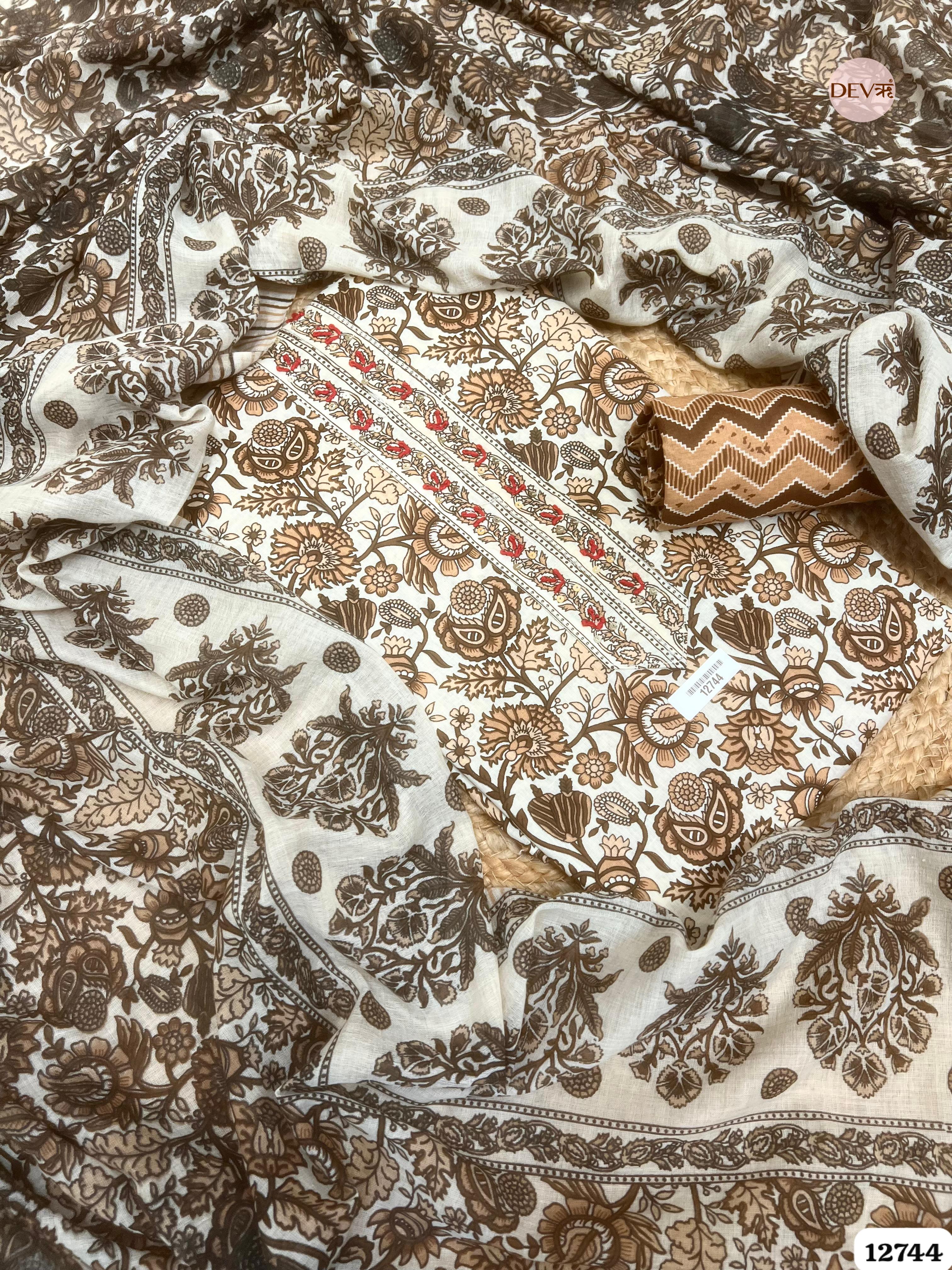 Beige Cotton Printed Unstitched 3-Piece Suit (Devri – D.No 12744)