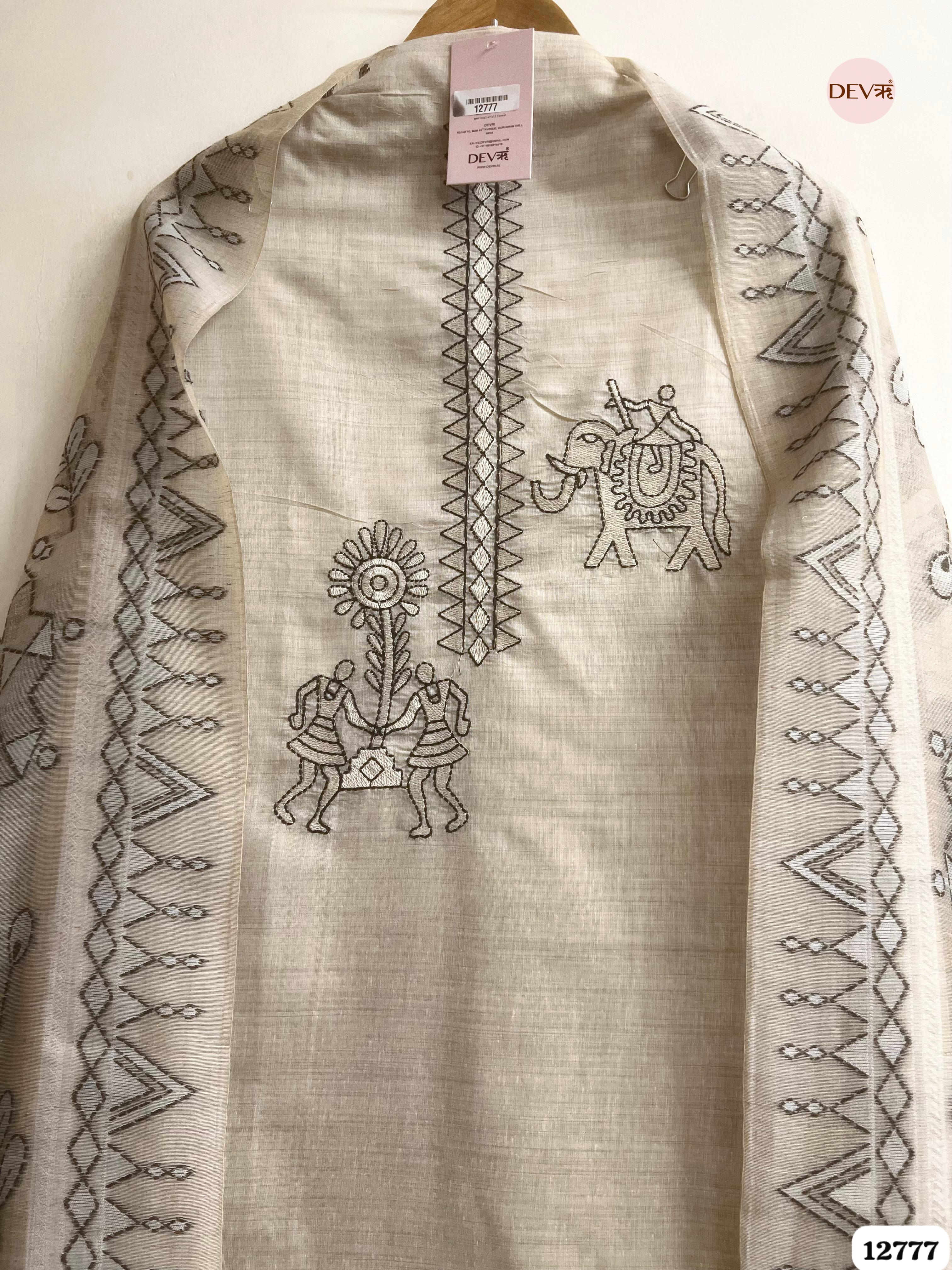 Ivory Mul Chanderi Embroidered Unstitched 3-Piece Suit (Devri – D.No 12777)