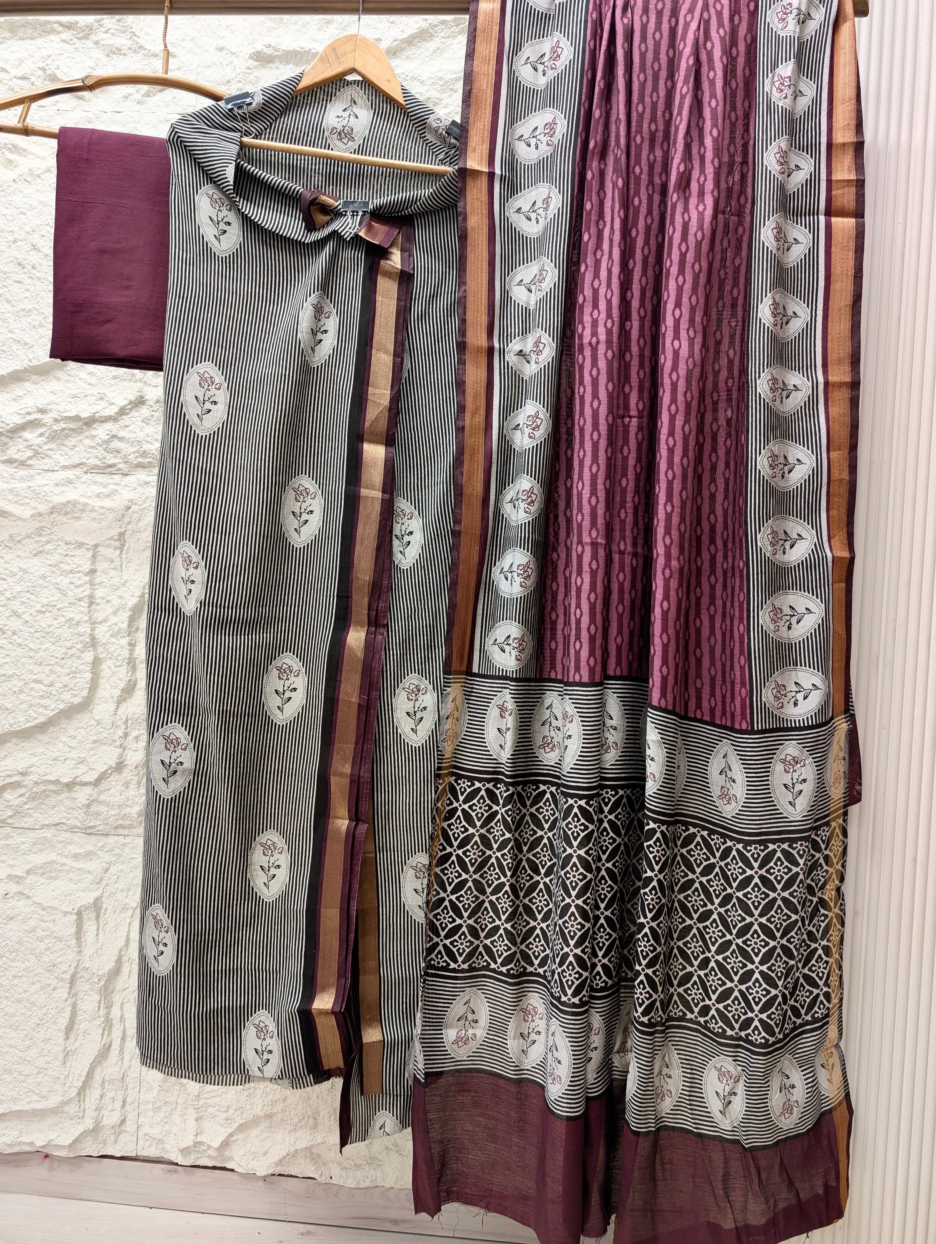 Black Maheshwari Silk Printed Unstitched 3-Piece Suit (Devri – D.No 13627)