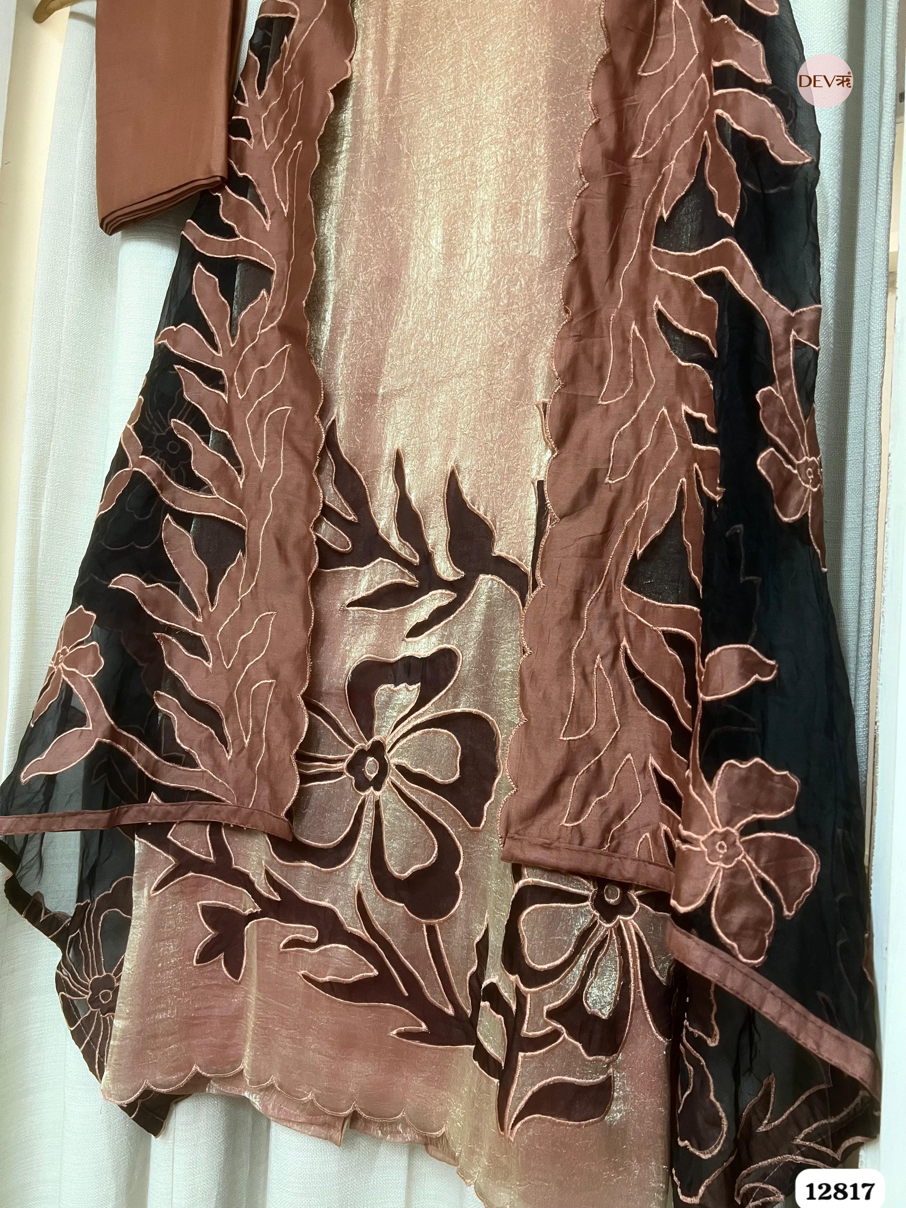 Brown Crush Tissue Silk Embroidered Unstitched 3-Piece Suit (Devri – D.No 12817)