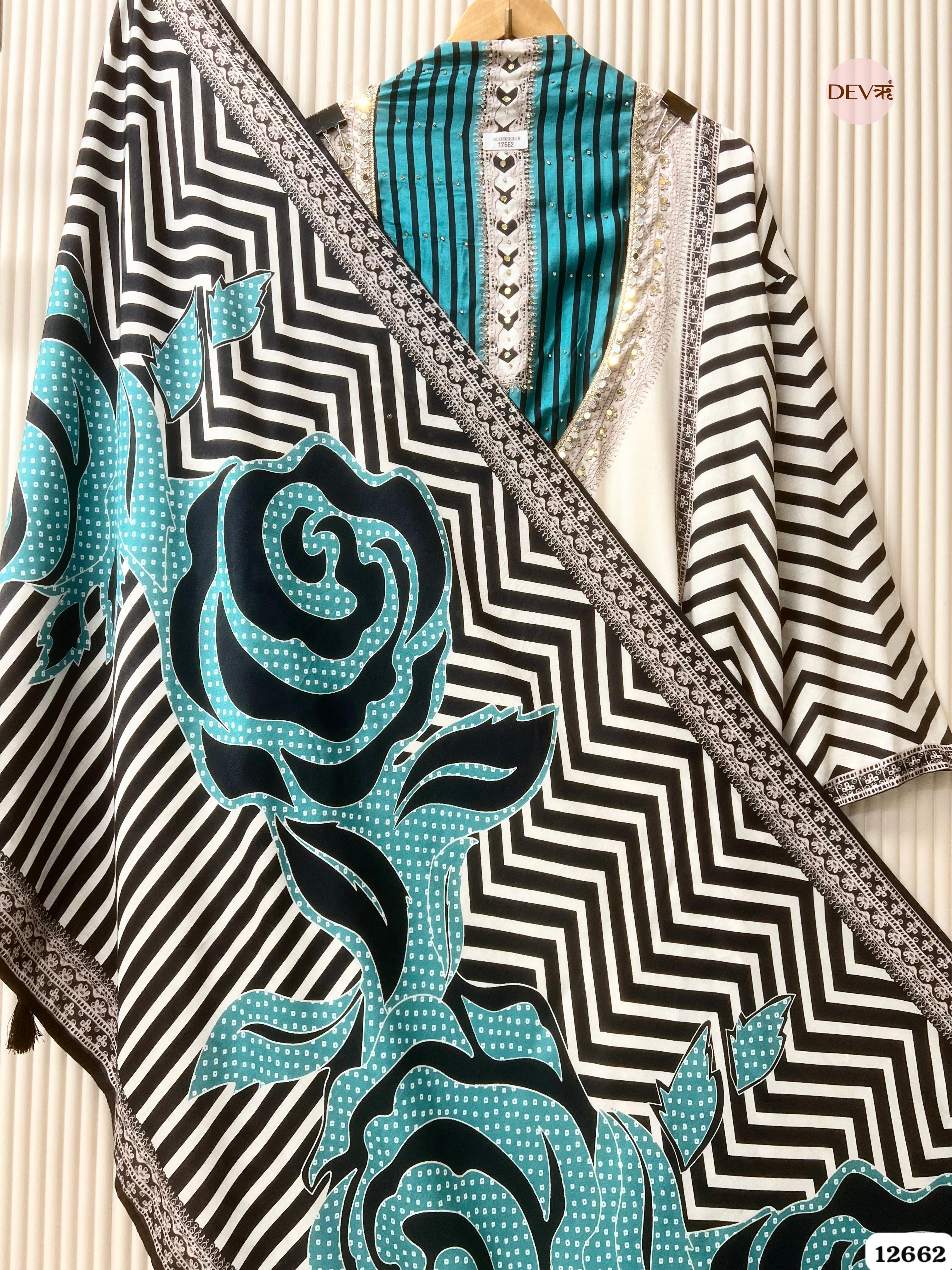 Ivory & Teal Muslin Printed Unstitched 3-Piece Suit (Devri – D.No . 12662)