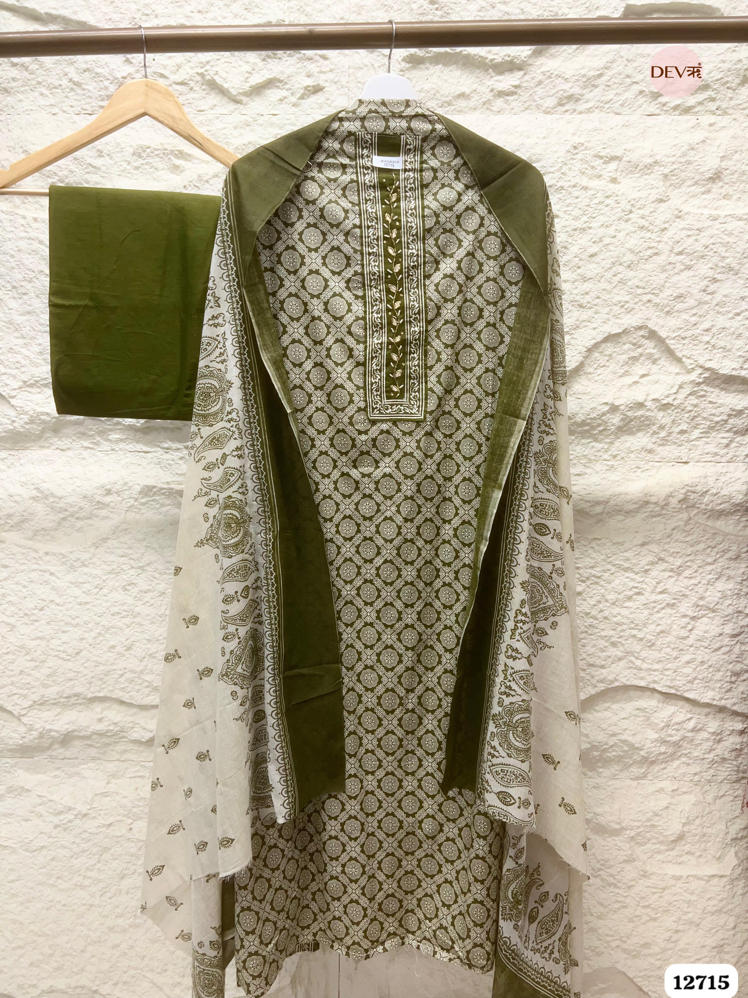 Olive Green Cotton Printed Unstitched 3-Piece Suit (Devri – D.No 12715)