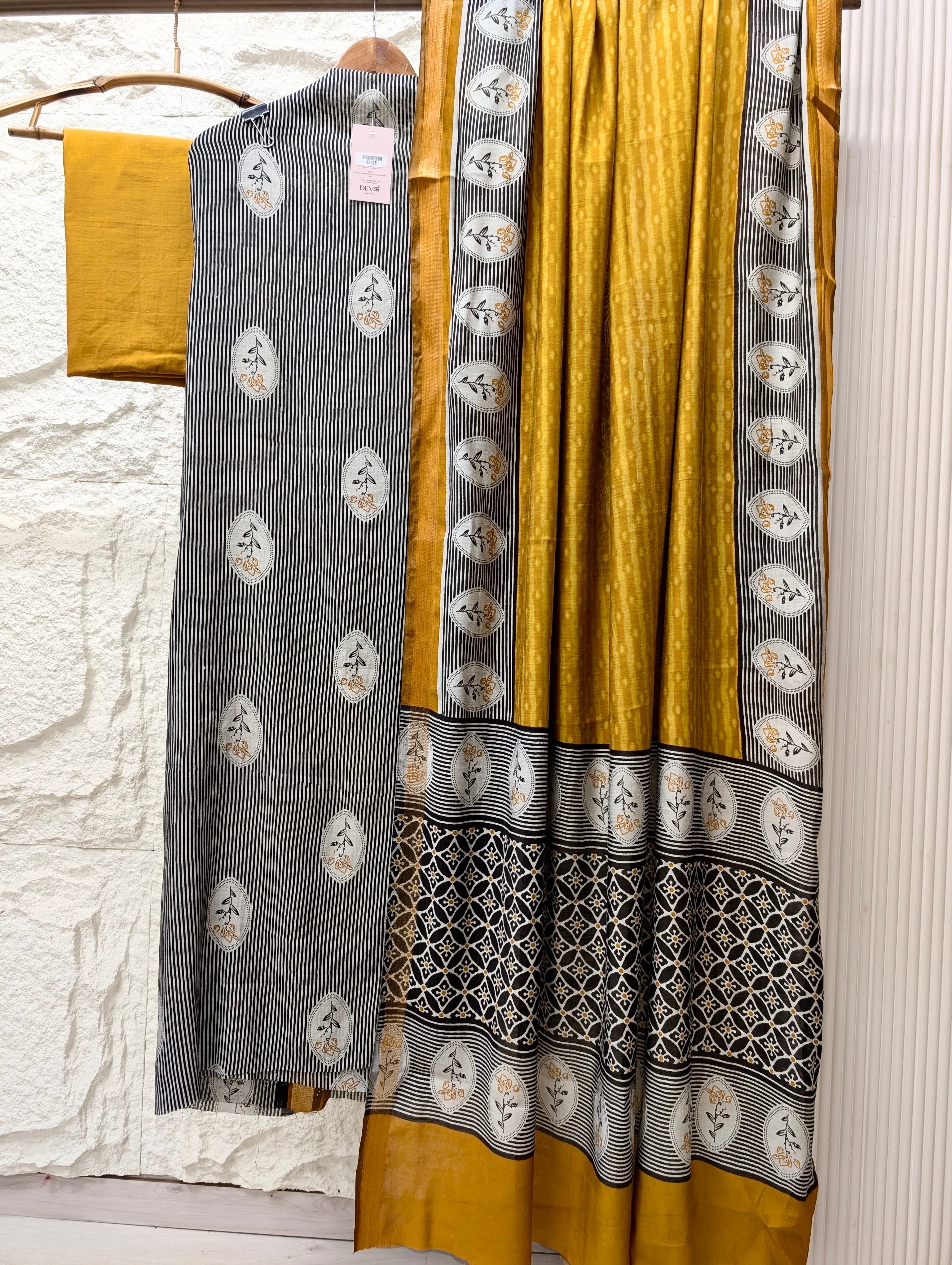 Black Maheshwari Silk Printed Unstitched 3-Piece Suit (Devri – D.No 13628)