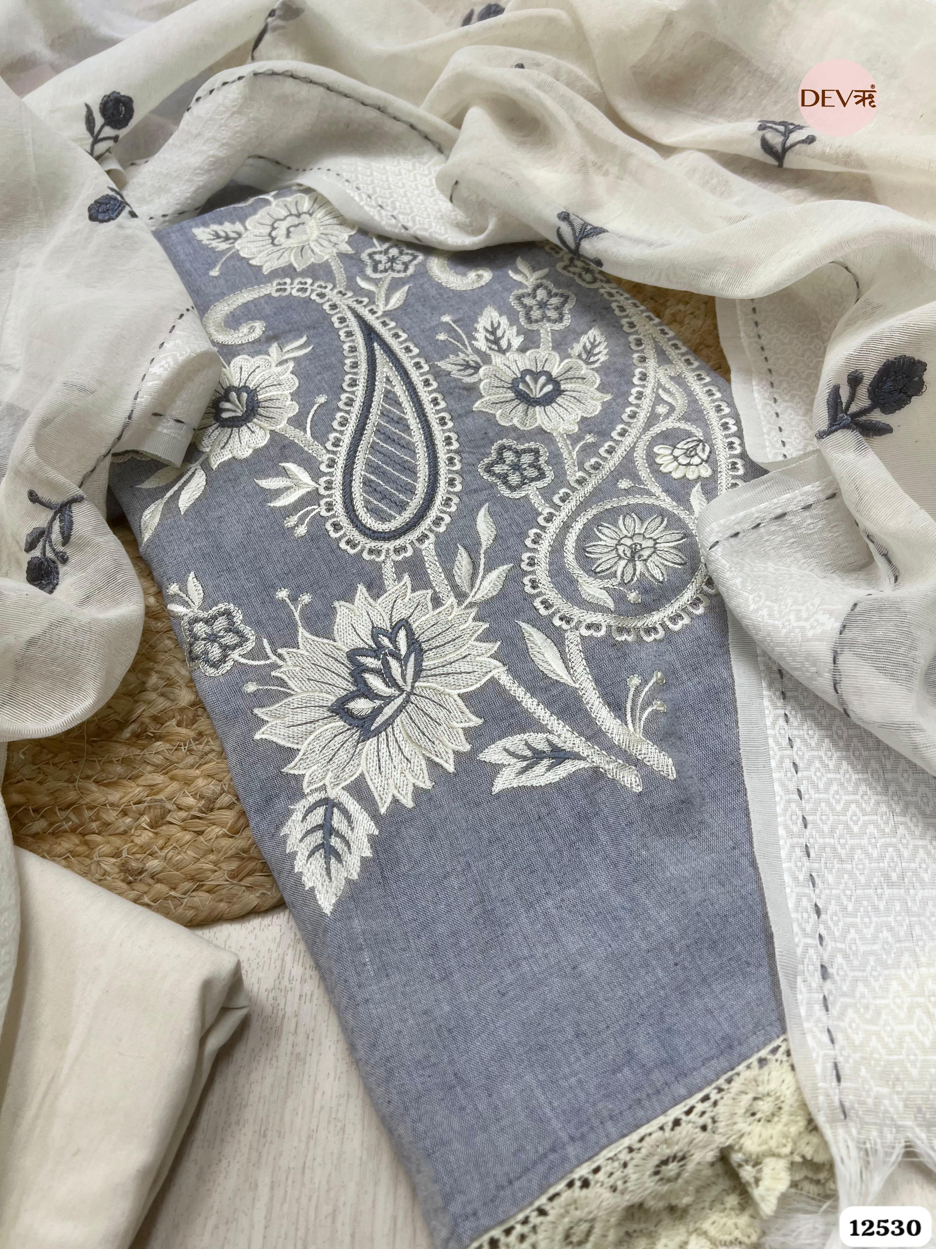 Grey Handloom Cotton Embroidered Unstitched 3-Piece Suit (Devri – D.No 12530)