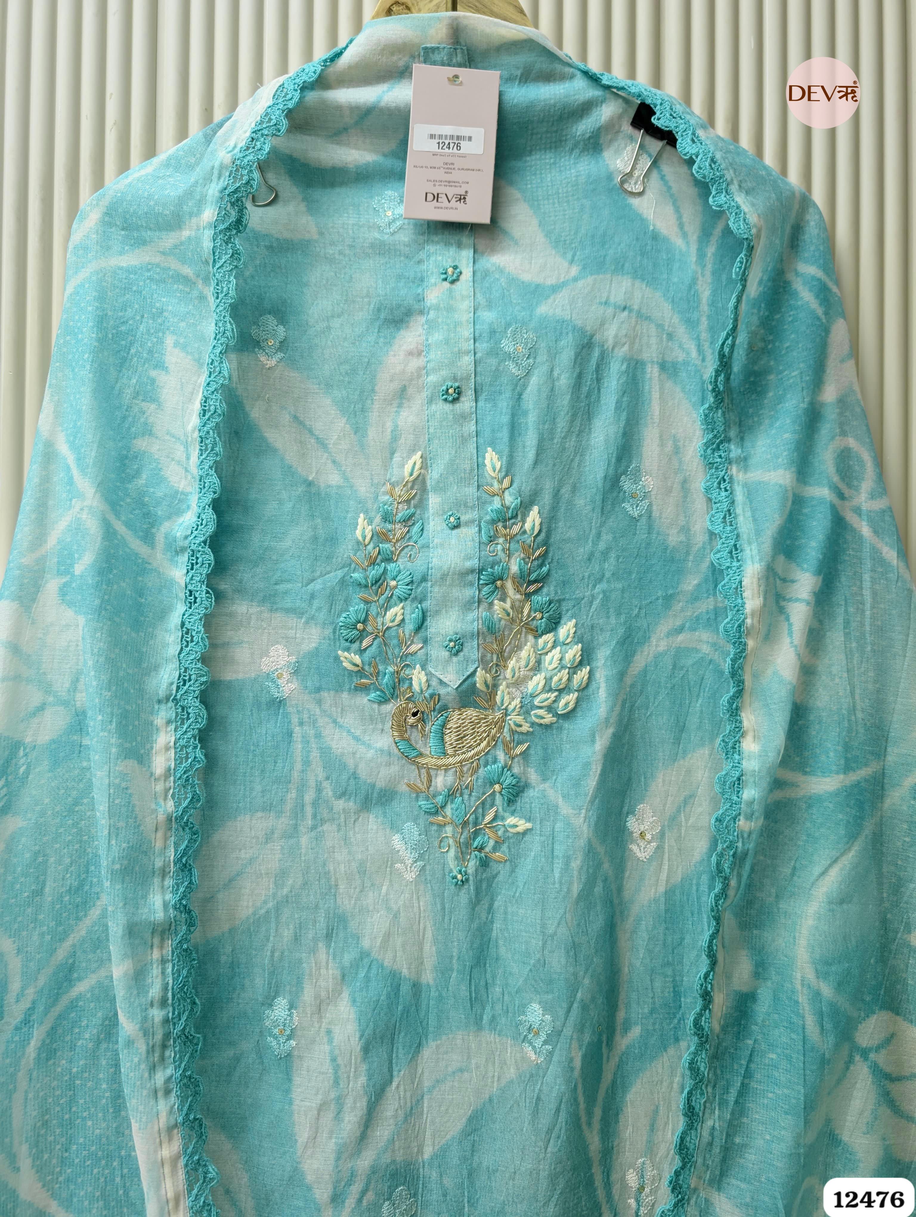 Aqua Blue Mul Chanderi Embroidered Unstitched 3-Piece Suit (Devri – D.No. 12476)