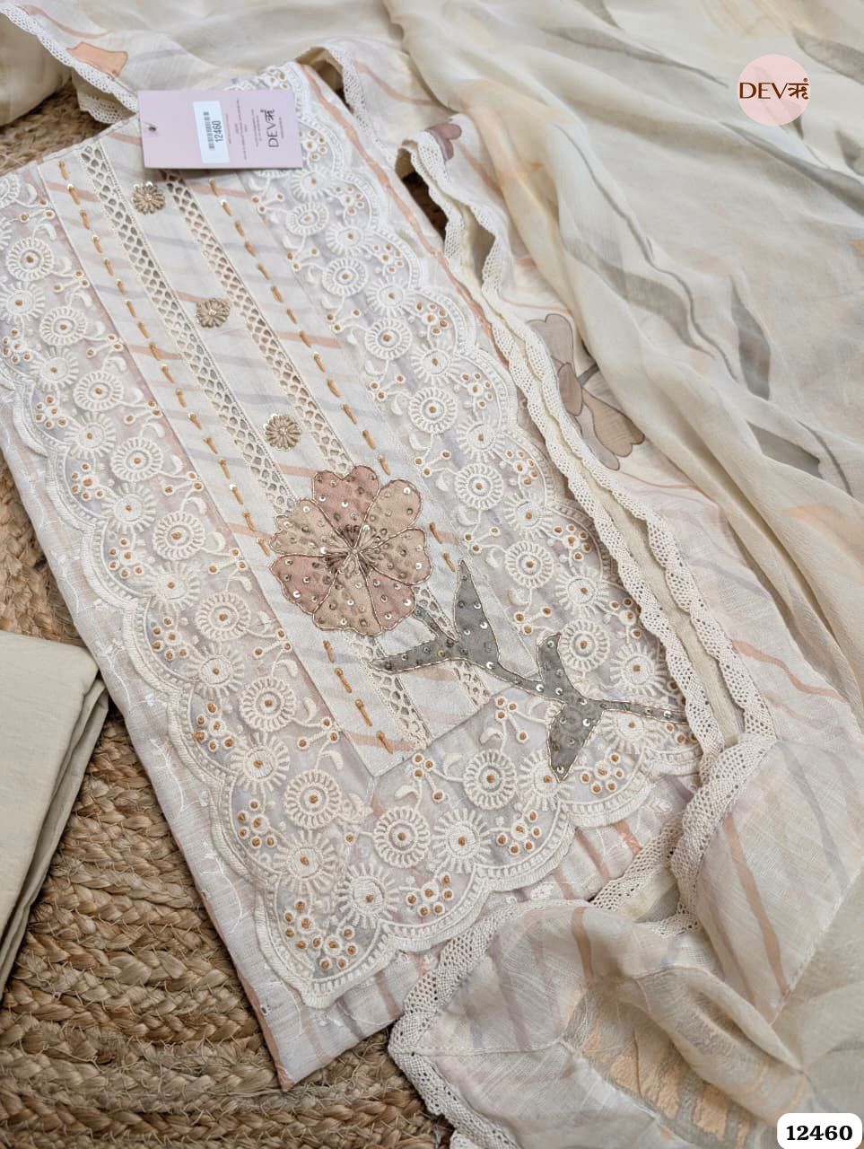 Beige & Mauve Pure Linen Embroidered Unstitched 3-Piece Suit (Devri – D.No 12460)