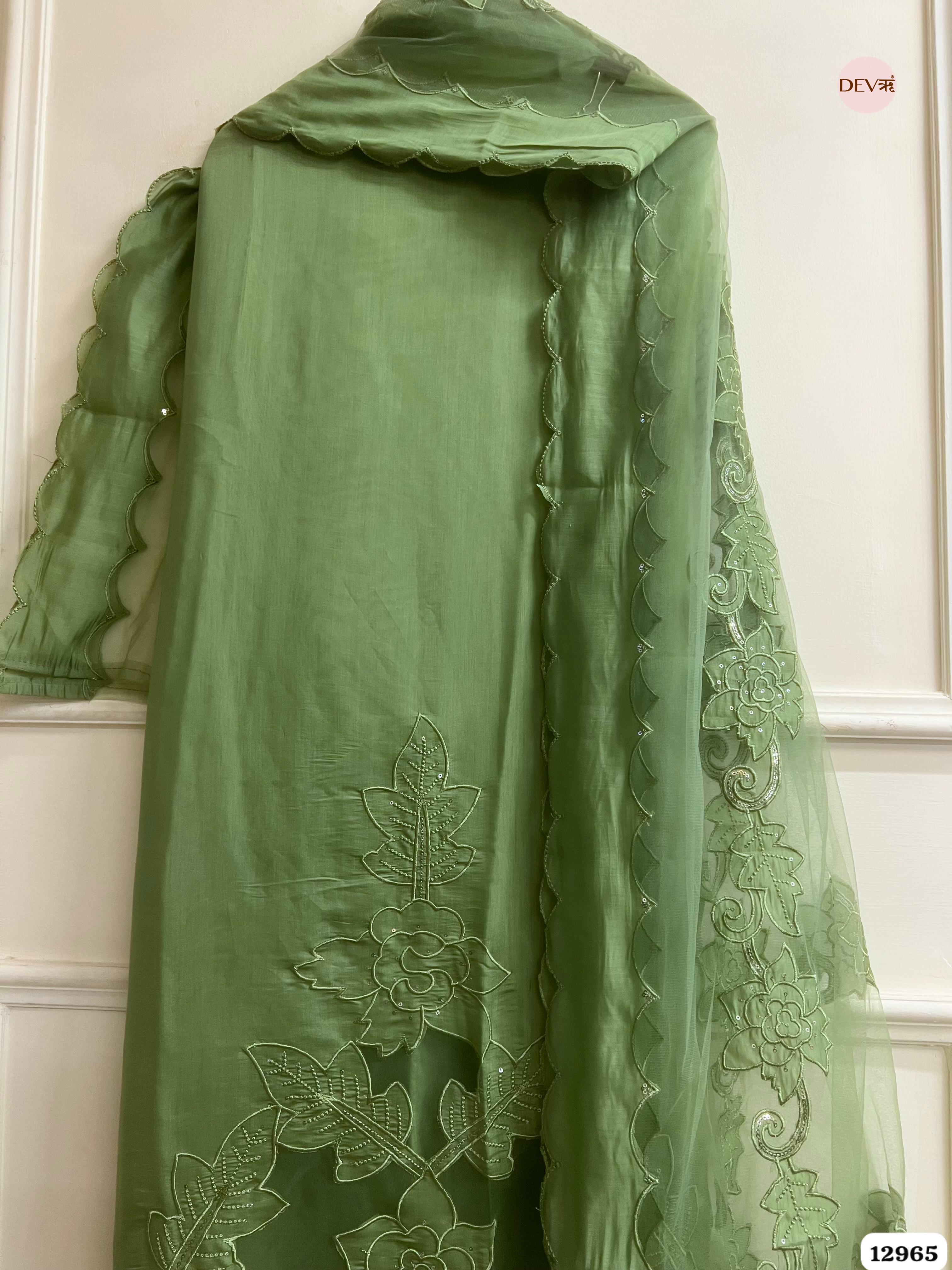 Green Roman Silk Embroidered Unstitched 3-Piece Suit (Devri – D.No 12965)