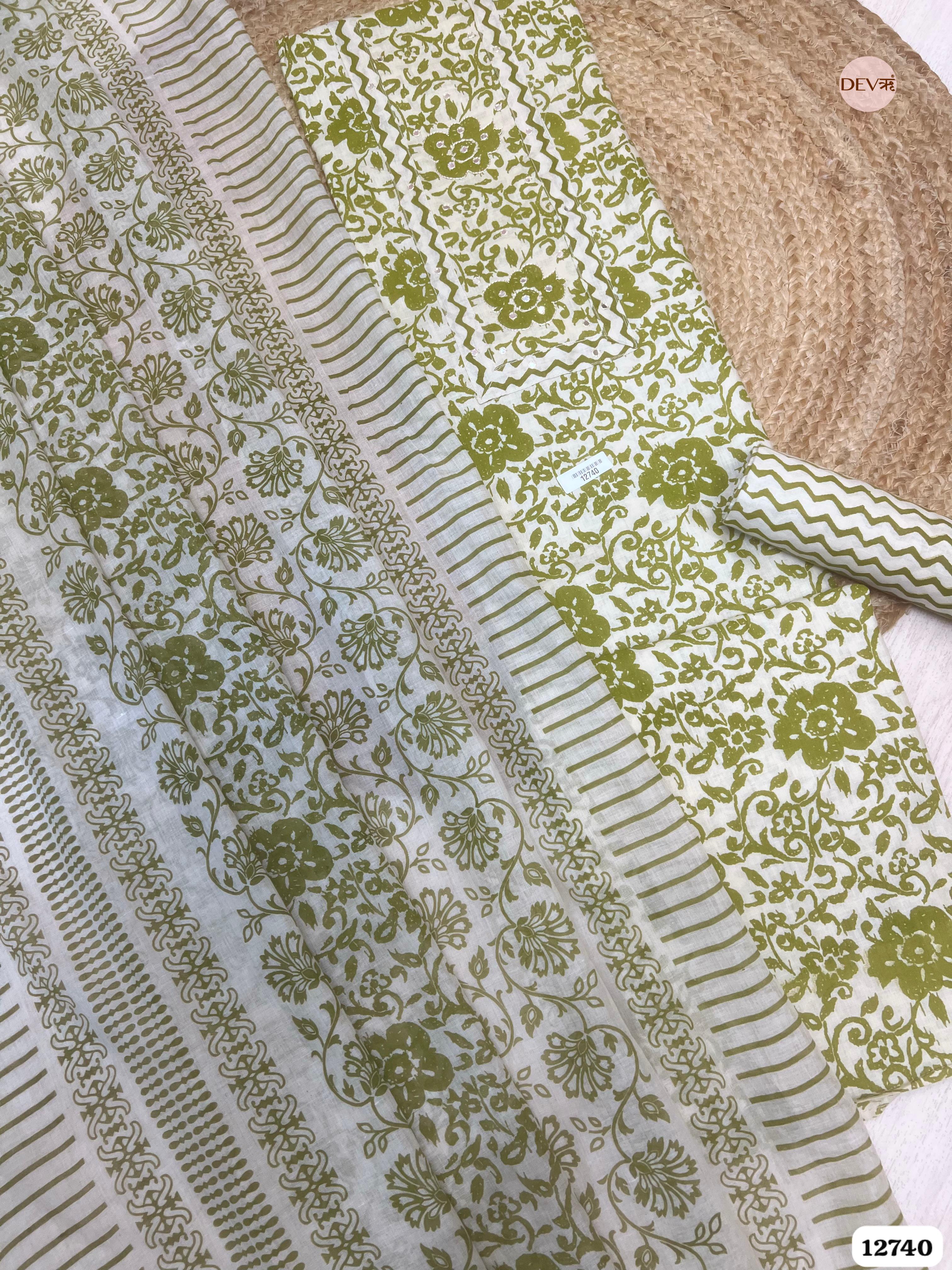 Olive Green Cotton Printed Unstitched 3-Piece Suit (Devri – D.No 12740)