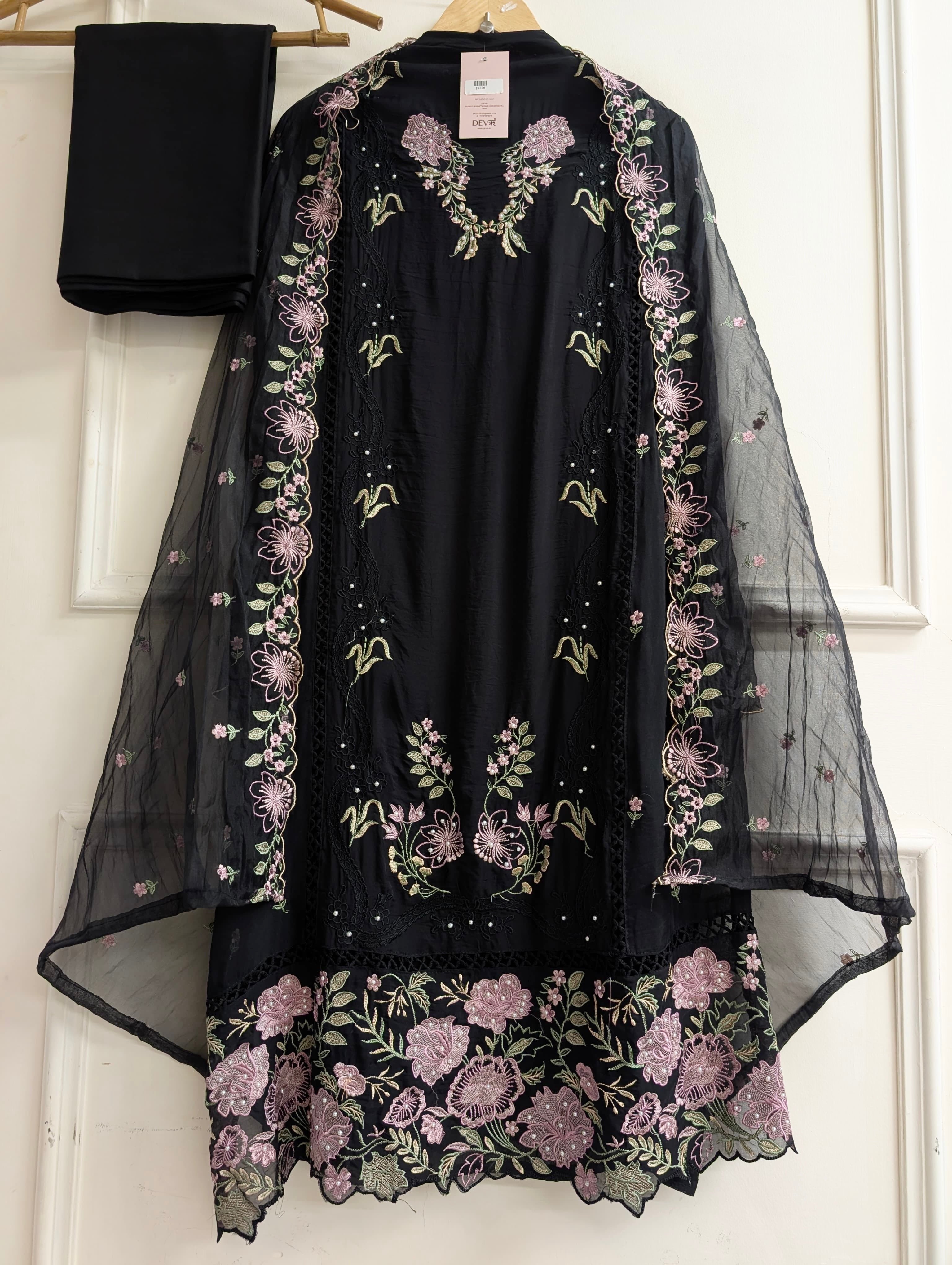 Black Organza Embroidered Unstitched 3-Piece Suit (Devri – D.No 13739)