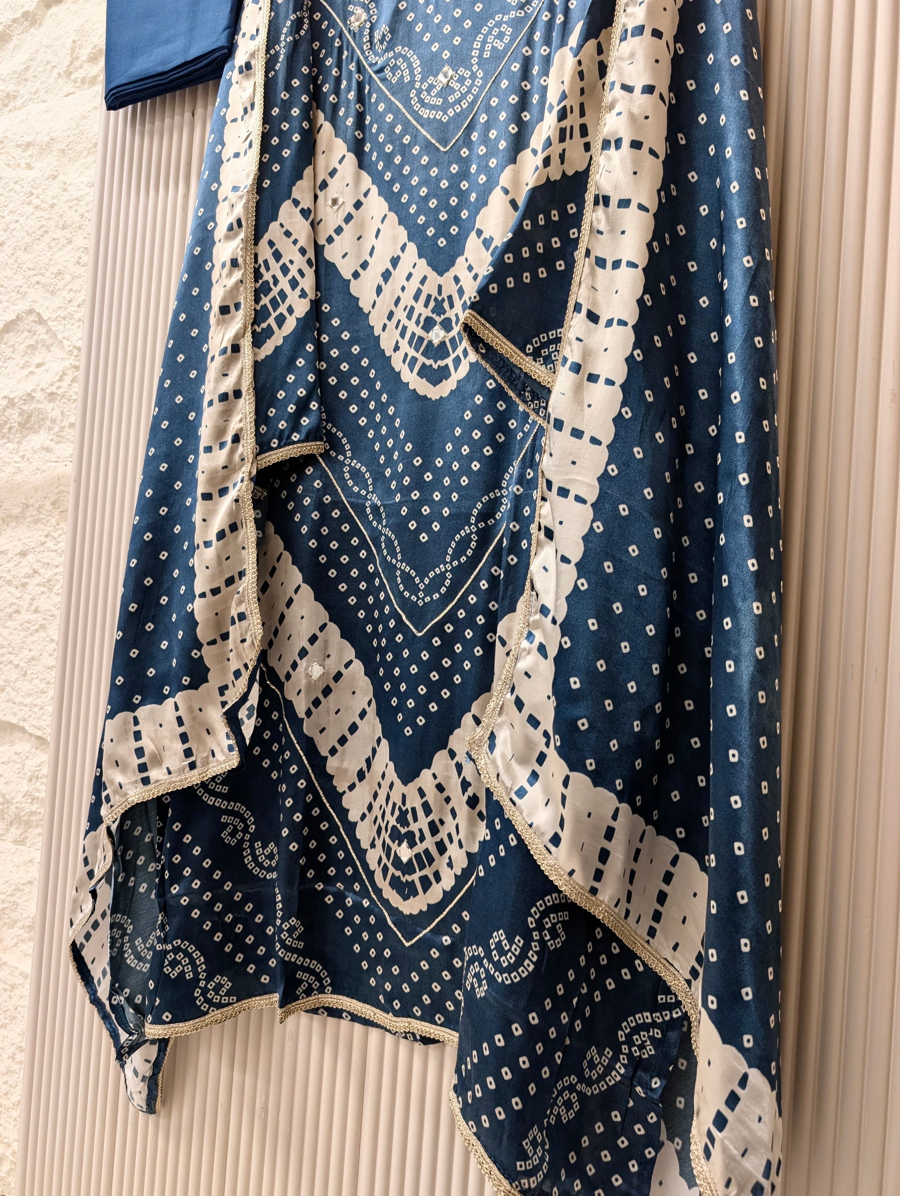 Blue Gajji Silk Printed Unstitched 3-Piece Suit (Devri – D.No 13730)