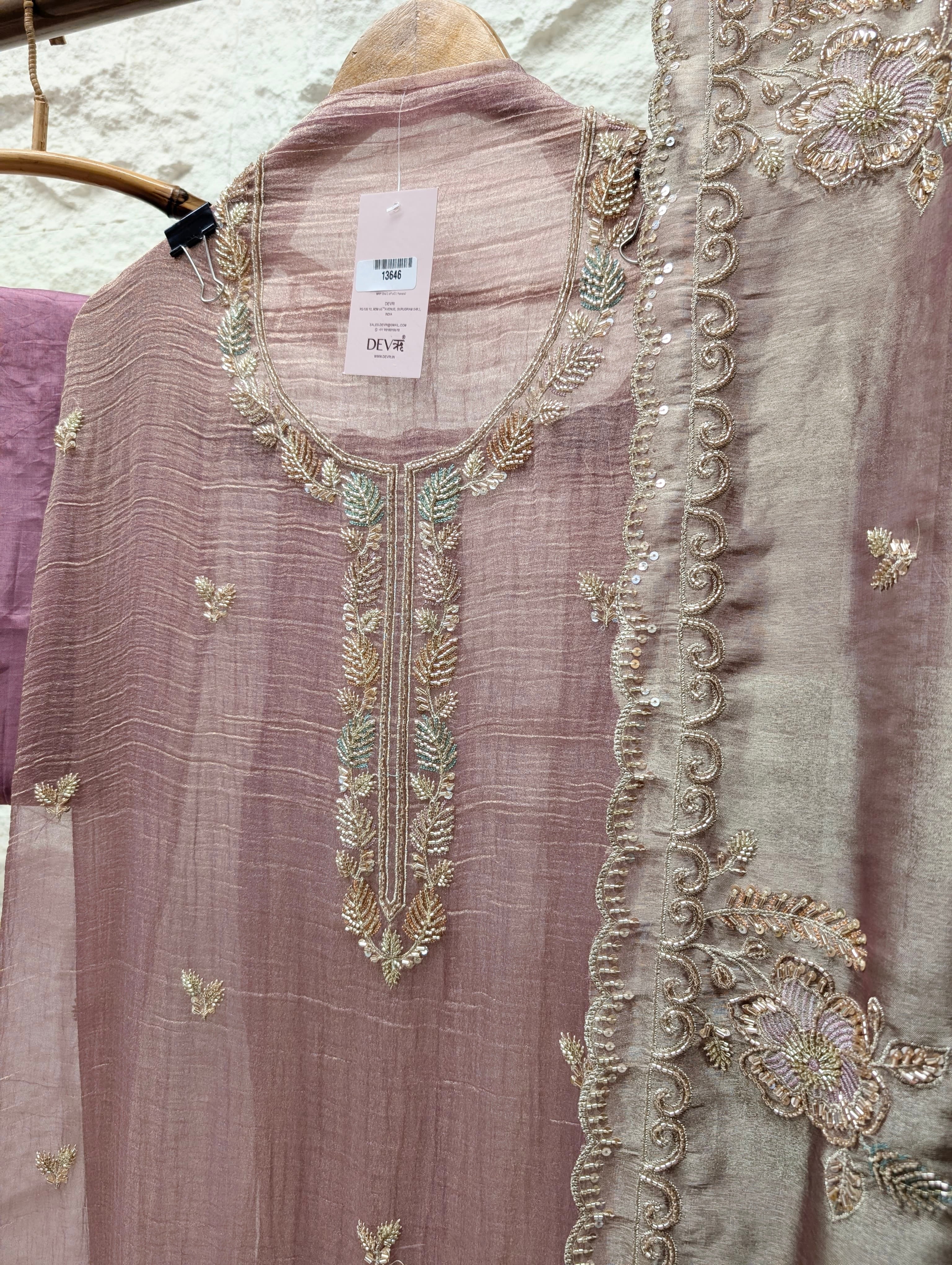 Mauve Tissue Crush Silk Embroidered Unstitched 3-Piece Suit (Devri – D.No 13646)