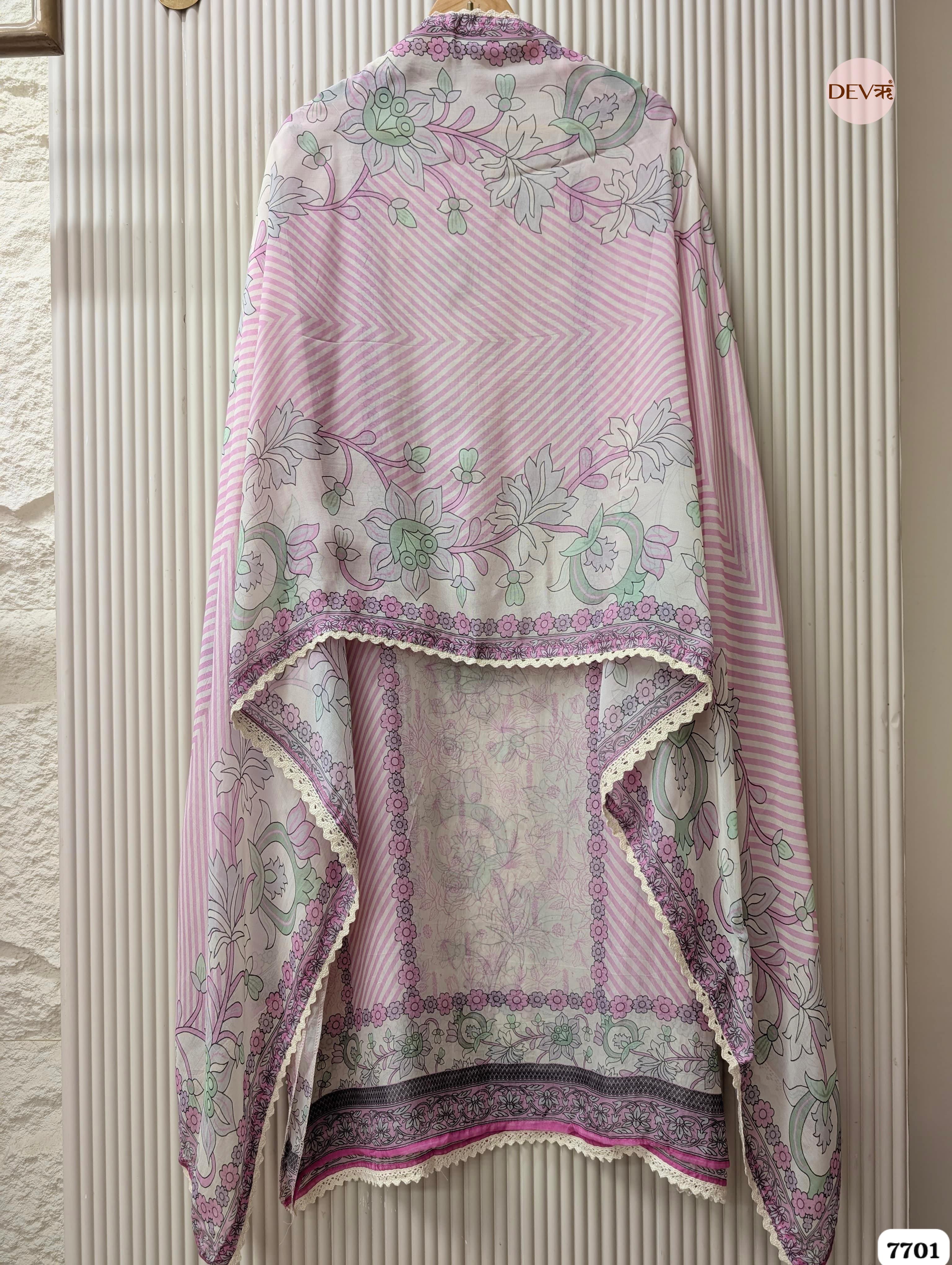 Pink & Mint Organza Silk Printed Unstitched 3-Piece Suit (Devri – D.No. 7701)