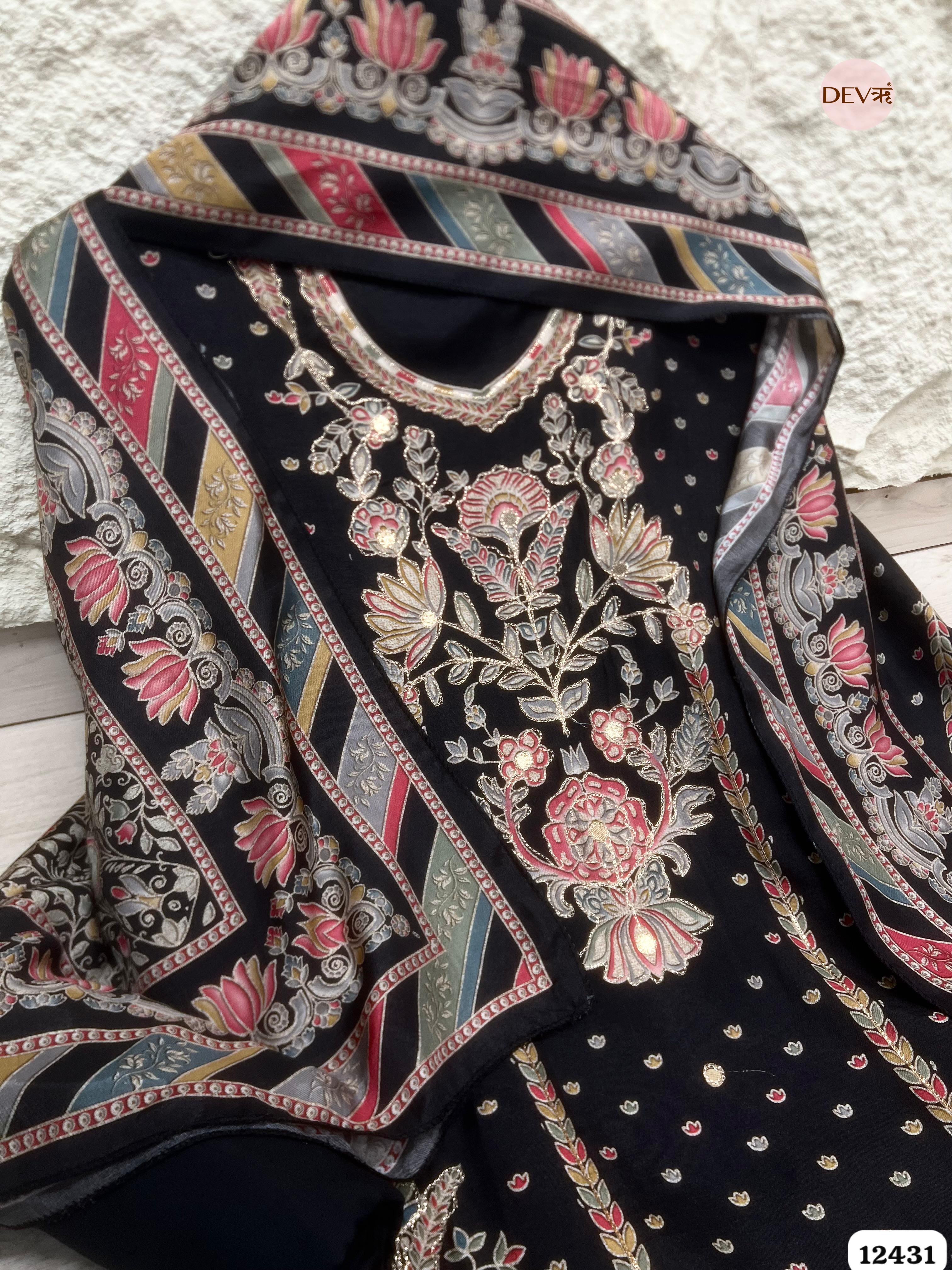 Black Muslin Printed Unstitched 3-Piece Suit (Devri – D.No. 12431)