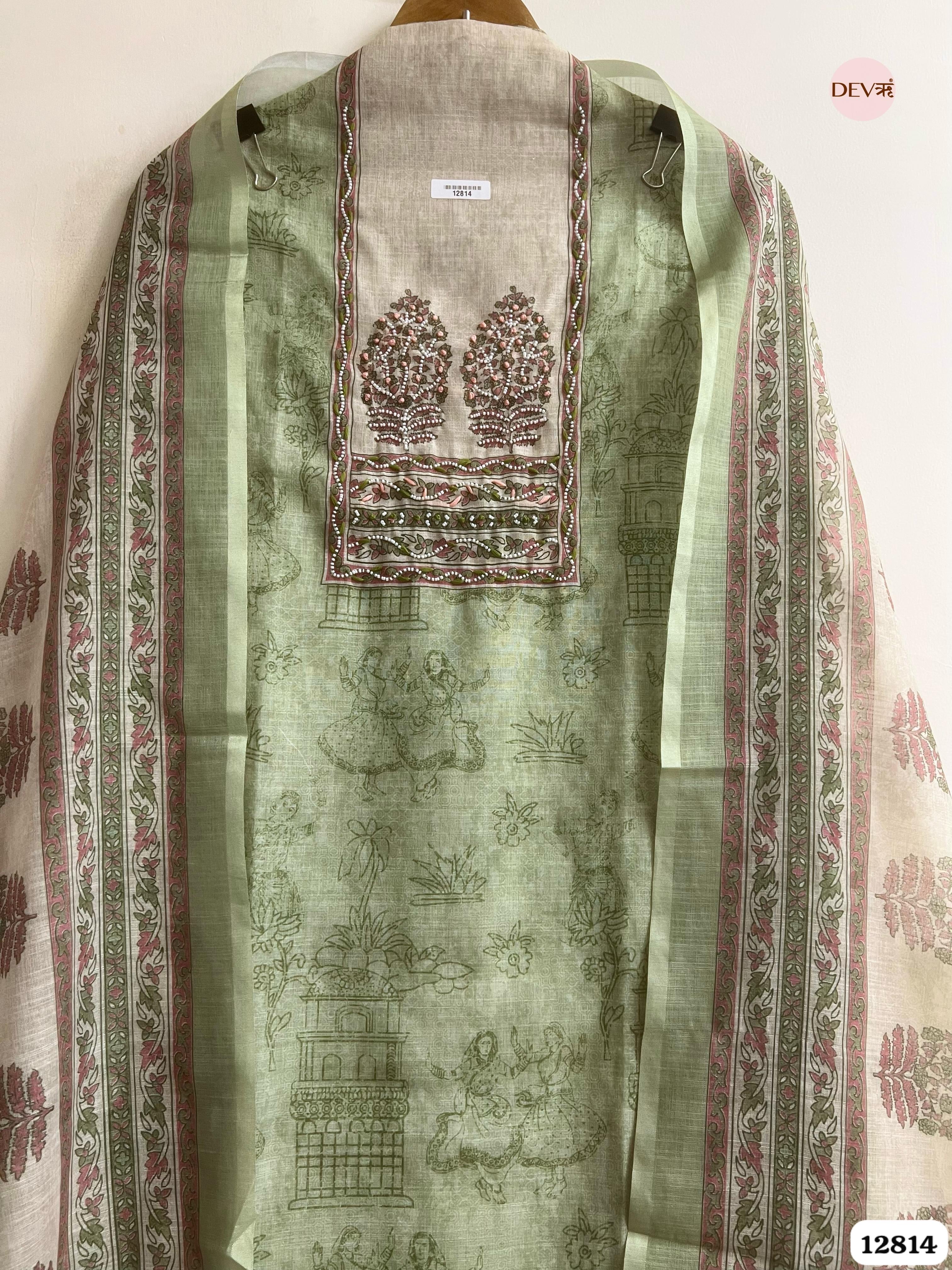 Sage Linen Cotton Printed Unstitched 3-Piece Suit (Devri – D.No 12814)