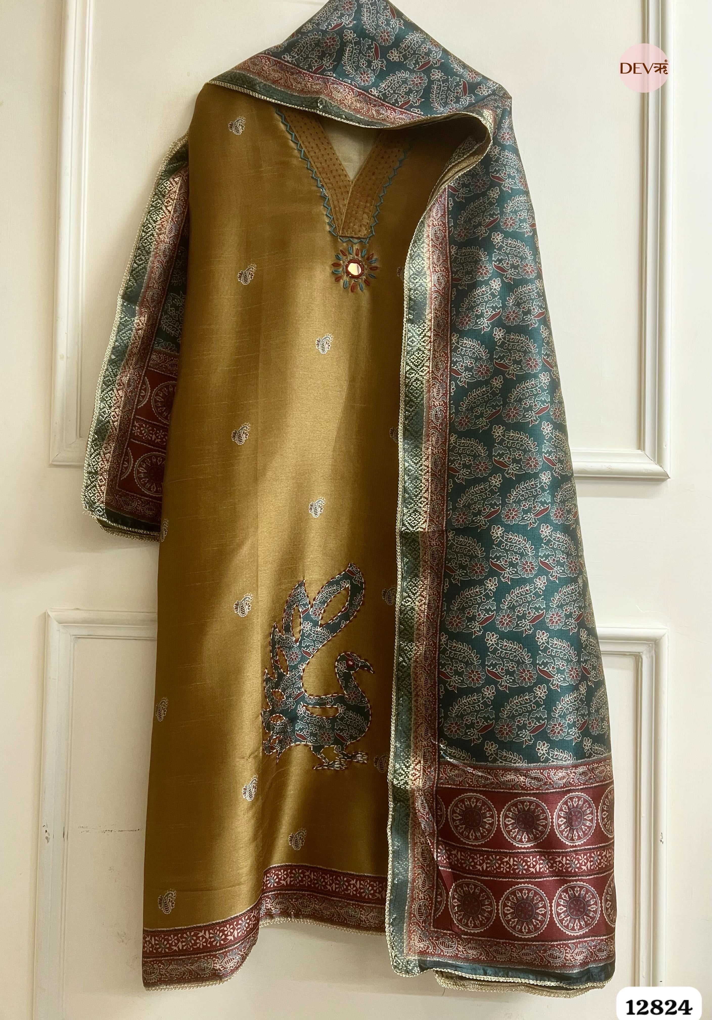 Olive Chanderi Silk Printed Unstitched 3-Piece Suit (Devri – D.No 12824)