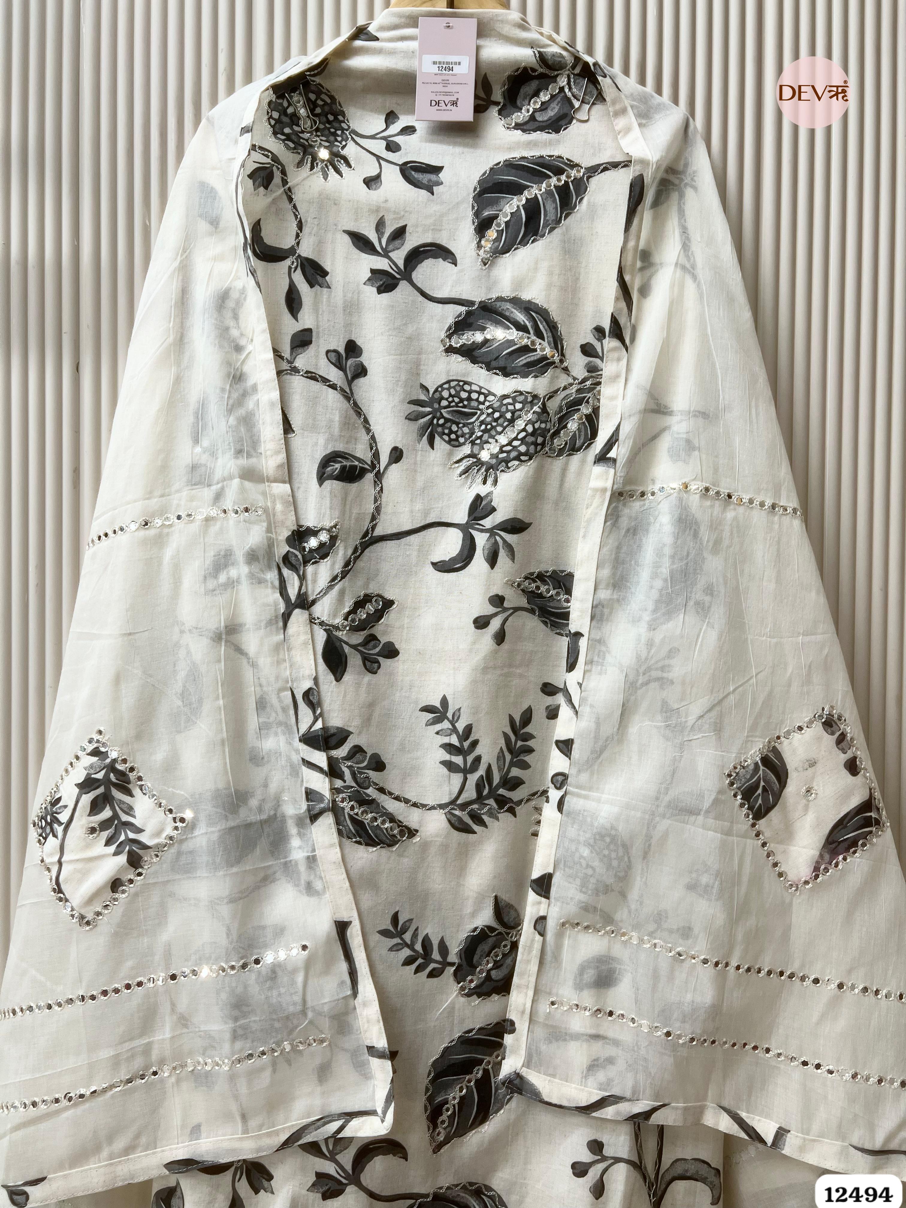 Ivory & Charcoal Pure Cotton Printed Unstitched 3-Piece Suit (Devri – D.No 12494)