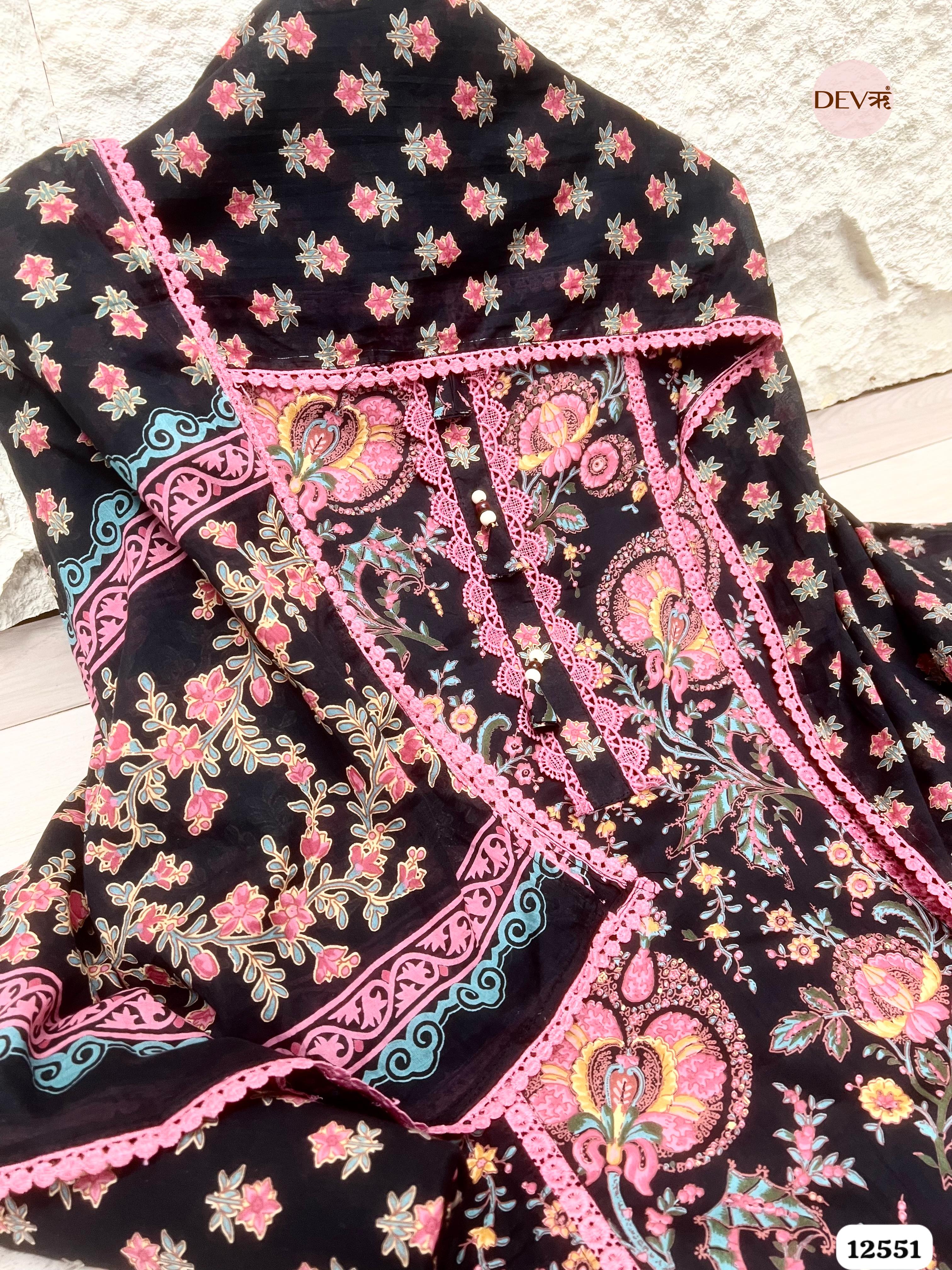 Black Pure Cotton Floral Printed Unstitched 3-Piece Suit (Devri – D.No 12551)