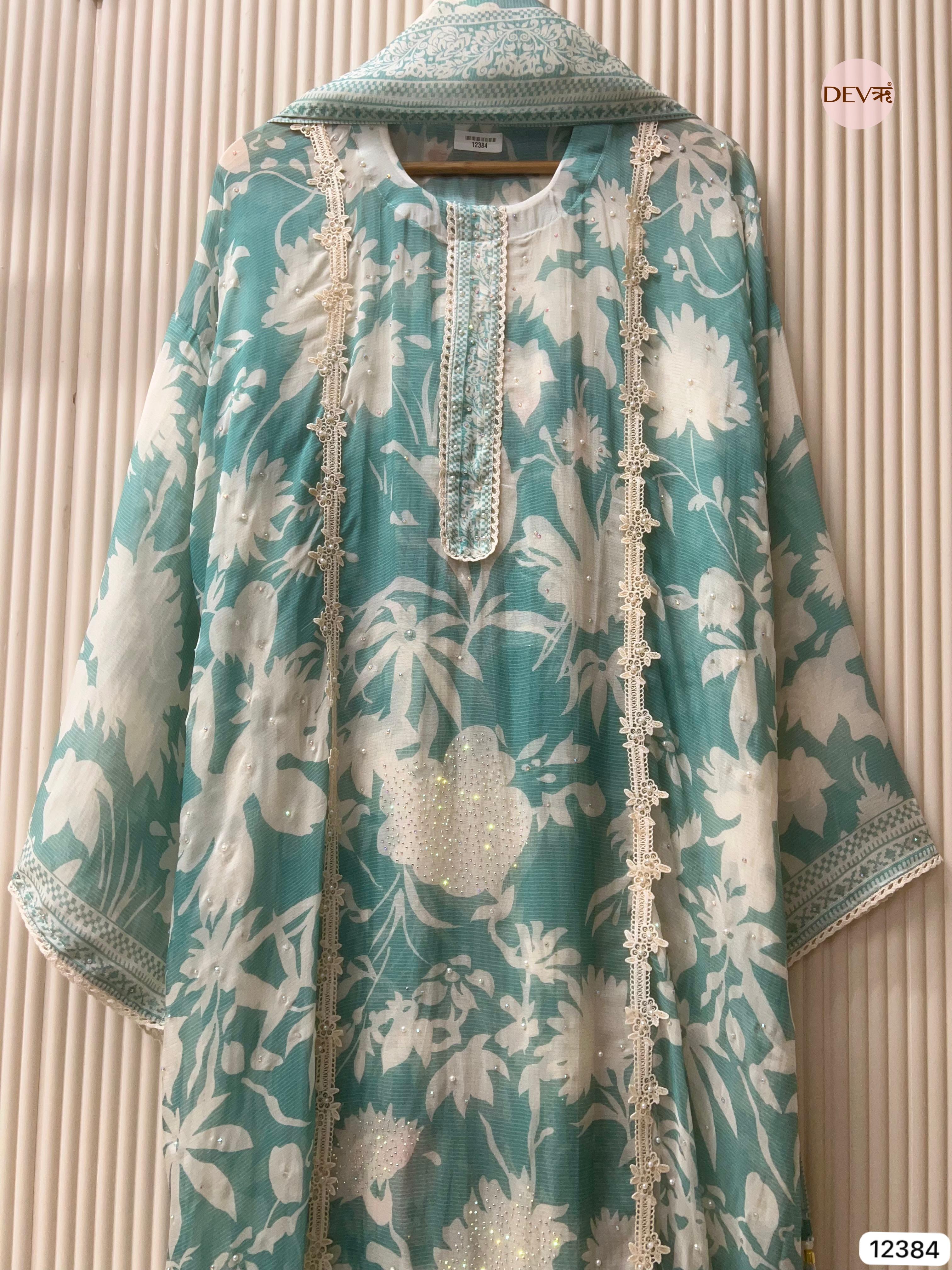 Sea Green Organza Printed Unstitched 3-Piece Suit (Devri – D.No 12384)